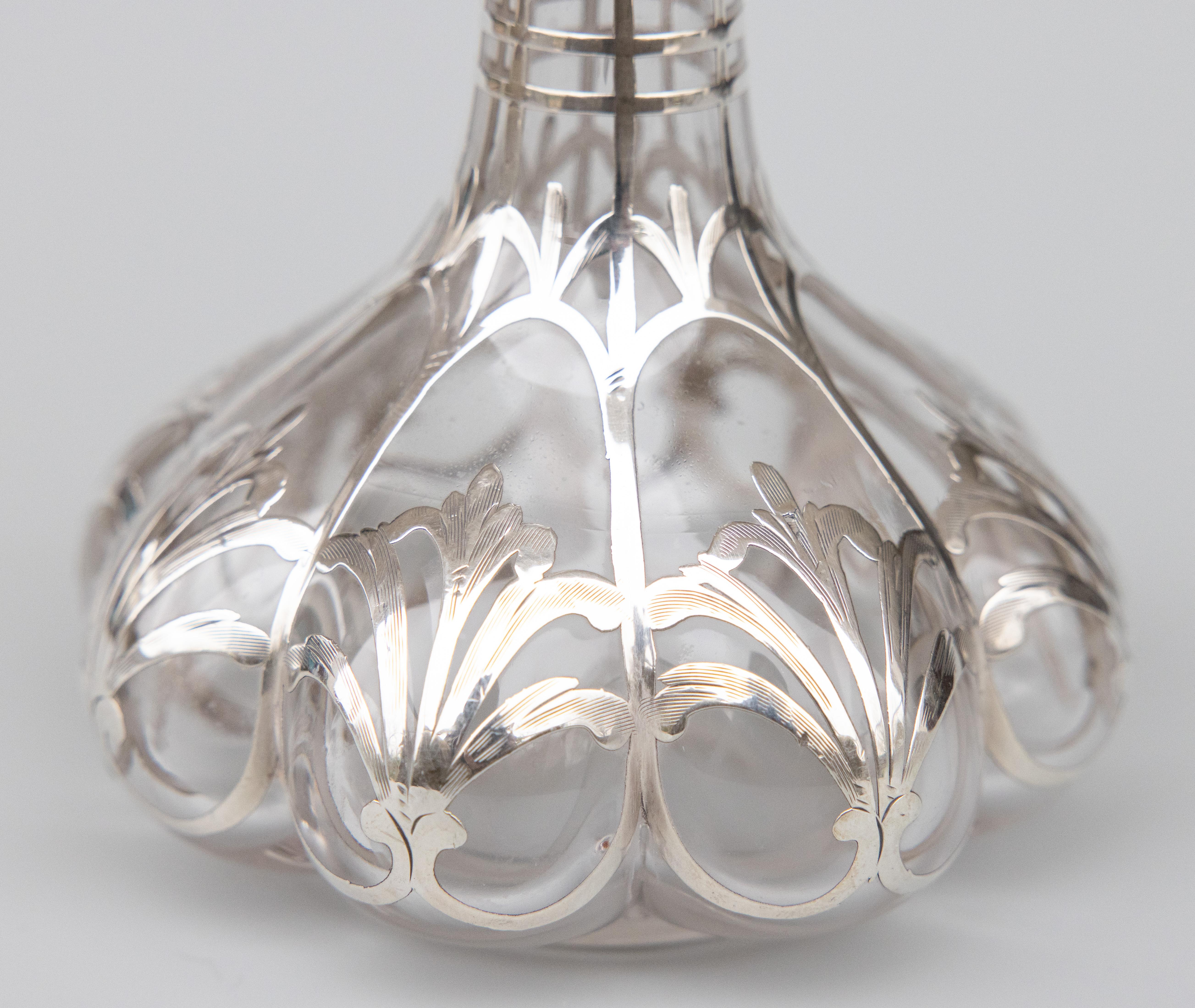 Early 20th Century Art Nouveau French Silver Overlay Glass Perfume Bottle, circa 1900 For Sale
