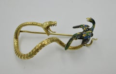 Art Nouveau French Snake Phoenix Bird Brooch 18 Karat Gold Enamel