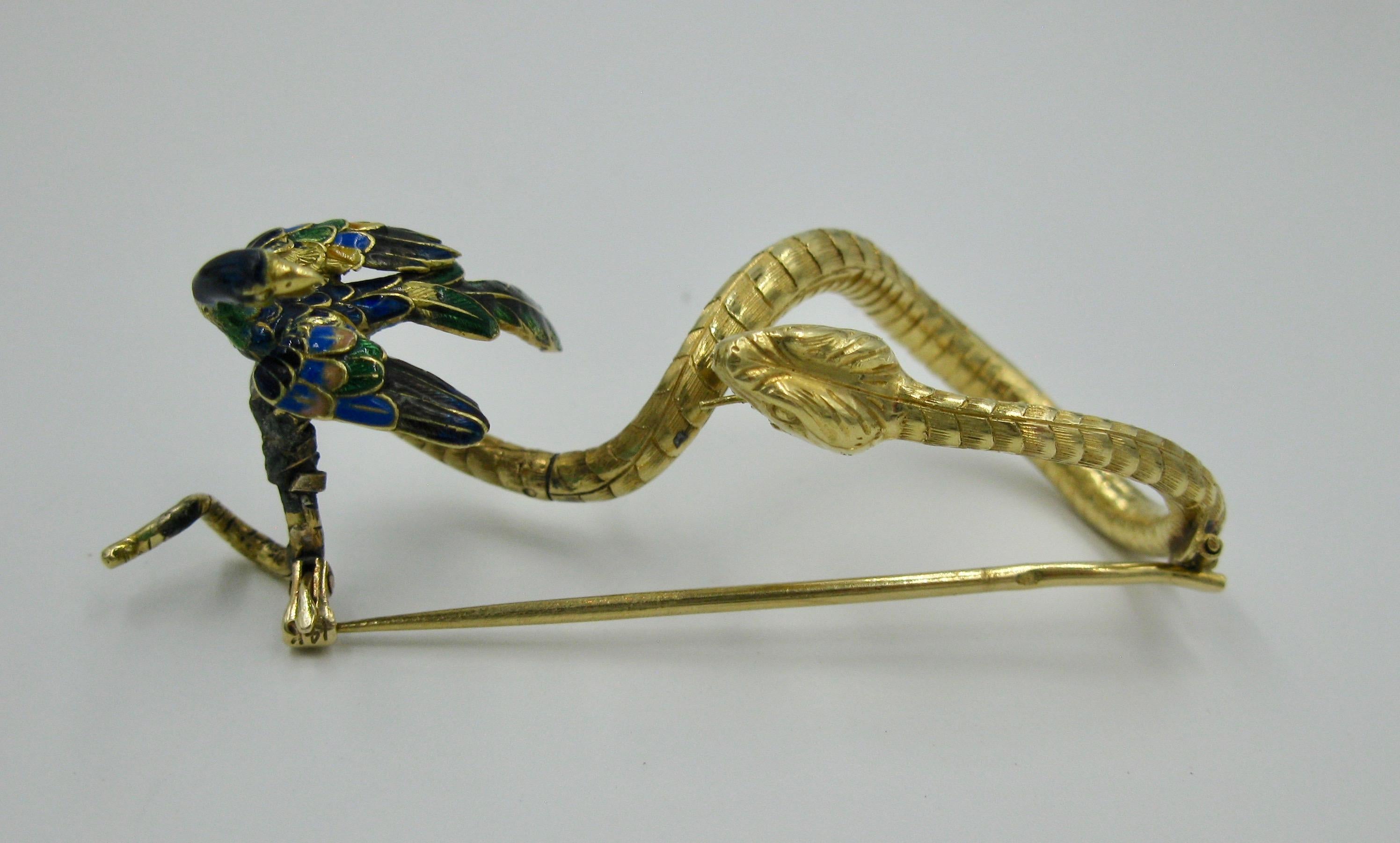 Art Nouveau French Snake Phoenix Bird Brooch 18 Karat Gold Enamel 2