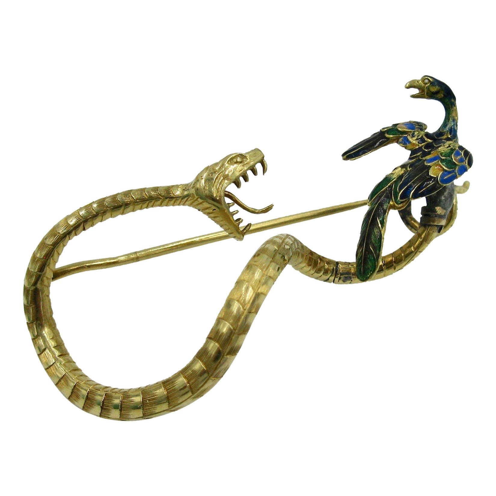 Art Nouveau French Snake Phoenix Bird Brooch 18 Karat Gold Enamel