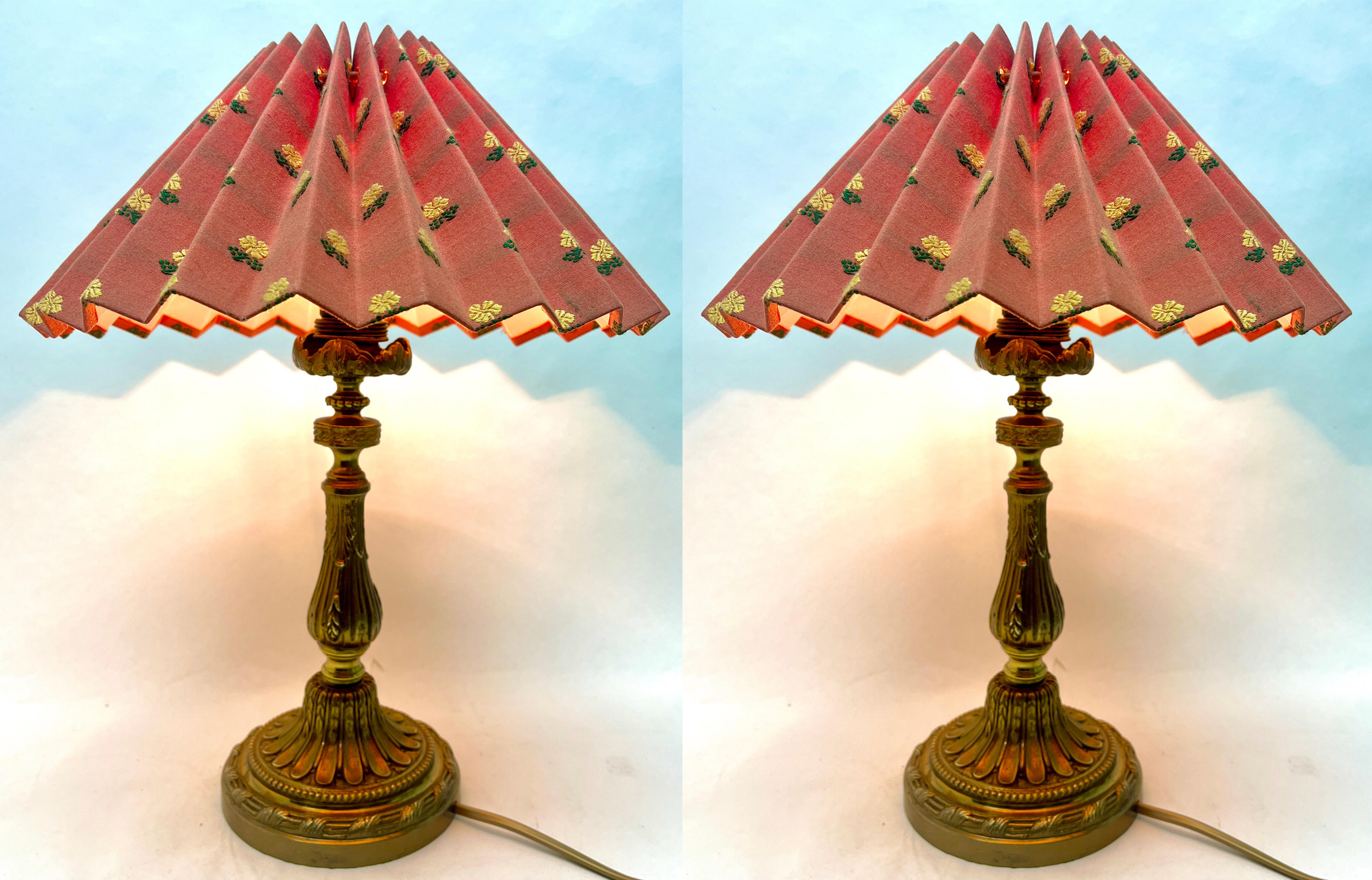 Early 20th Century Art Nouveau French Solid Brass Matt Gilt Finish Pair Table Lamps