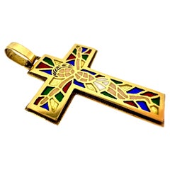 Art Nouveau French Stained Glass Cross 18kt Yellow Gold