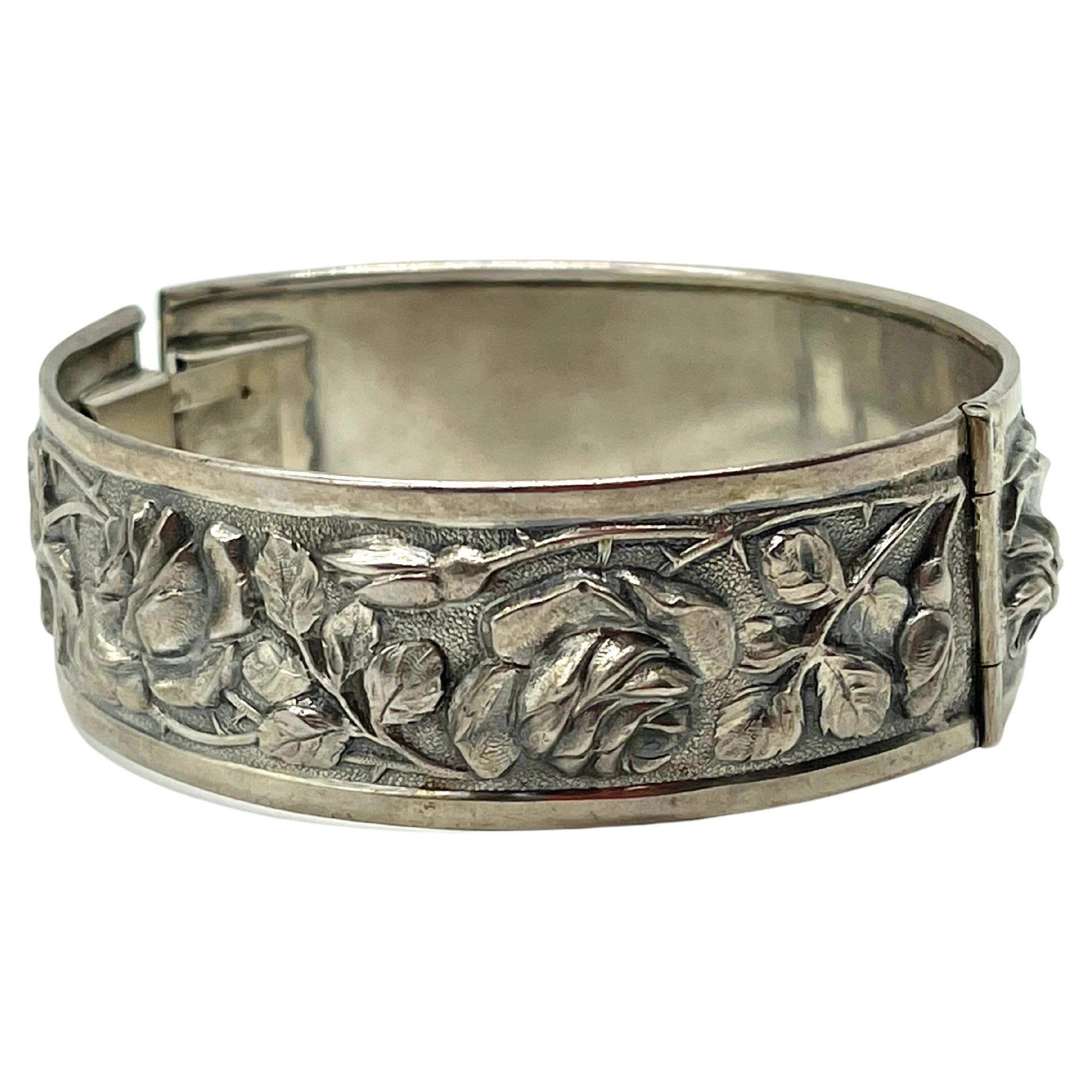 Art Nouveau French Sterling Silver Cuff Bracelet For Sale