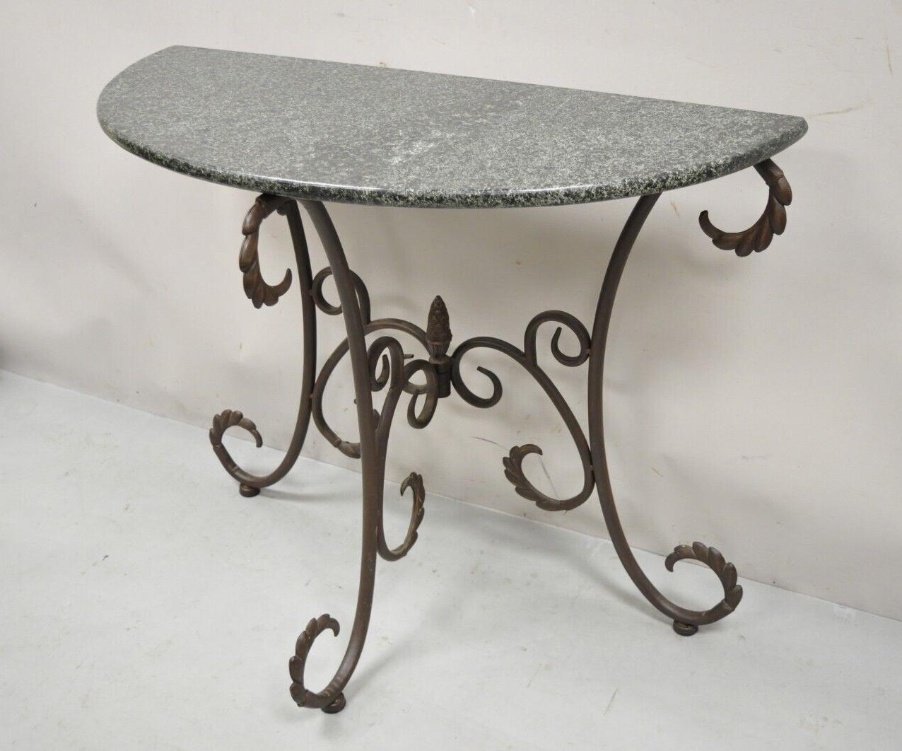 Art Nouveau French Style Metal Demilune Half Round Marble Console Table 7
