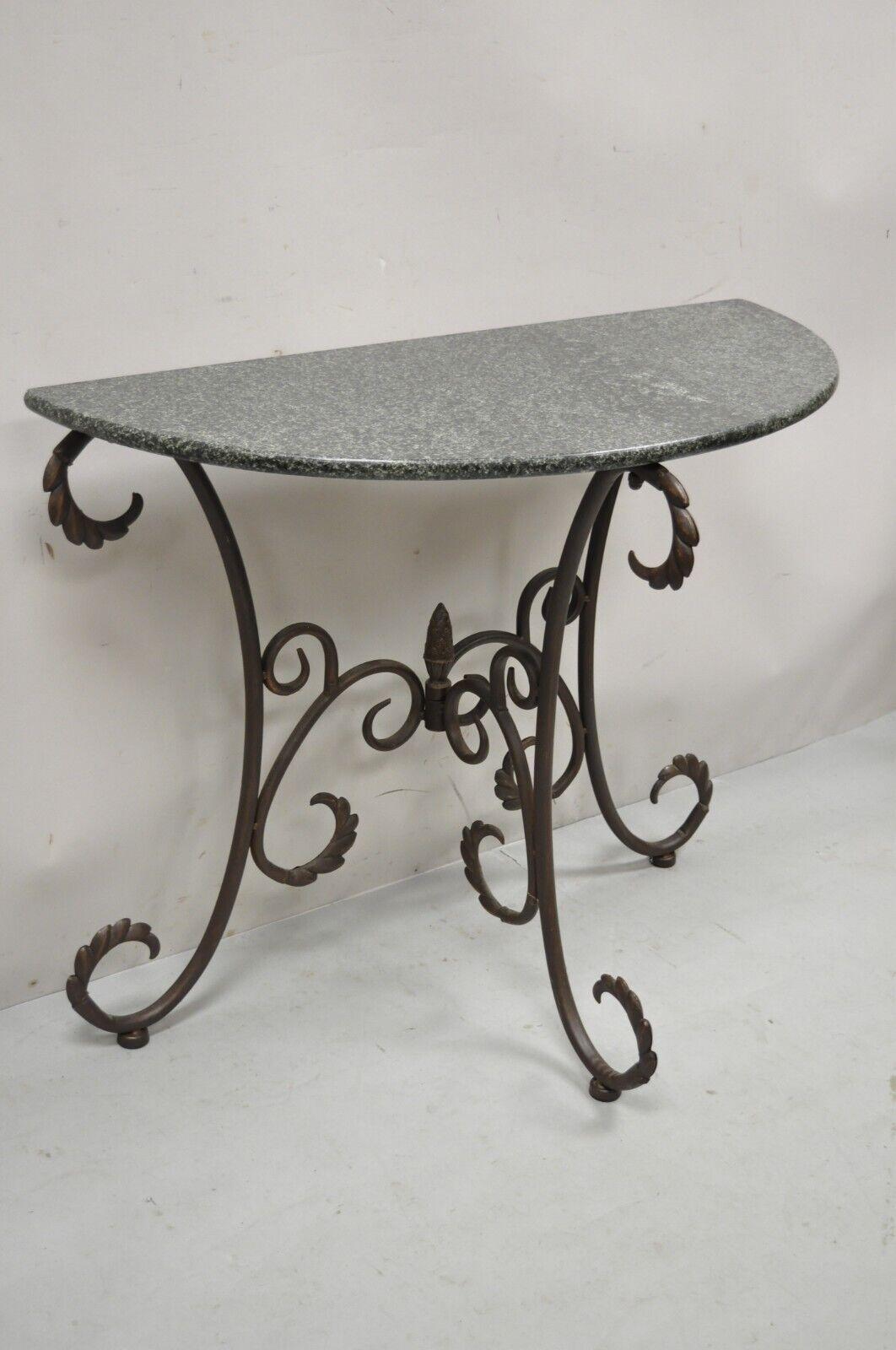 Art Nouveau French Style Metal Demilune half round marble console table. Item features demilune half round marble top, iron scrolling base, great style and form. Circa late 20th Century - Early 21st Century. Measurements: 29.5