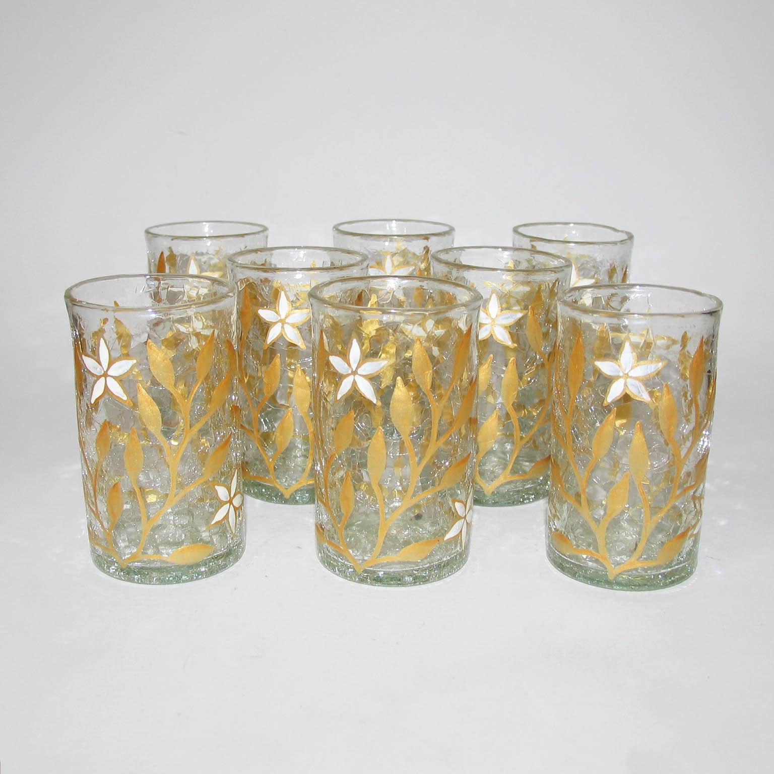 Art Nouveau French Tea Cup Set of Eight, Gold and White Enamel on Craquelé Glass For Sale 5