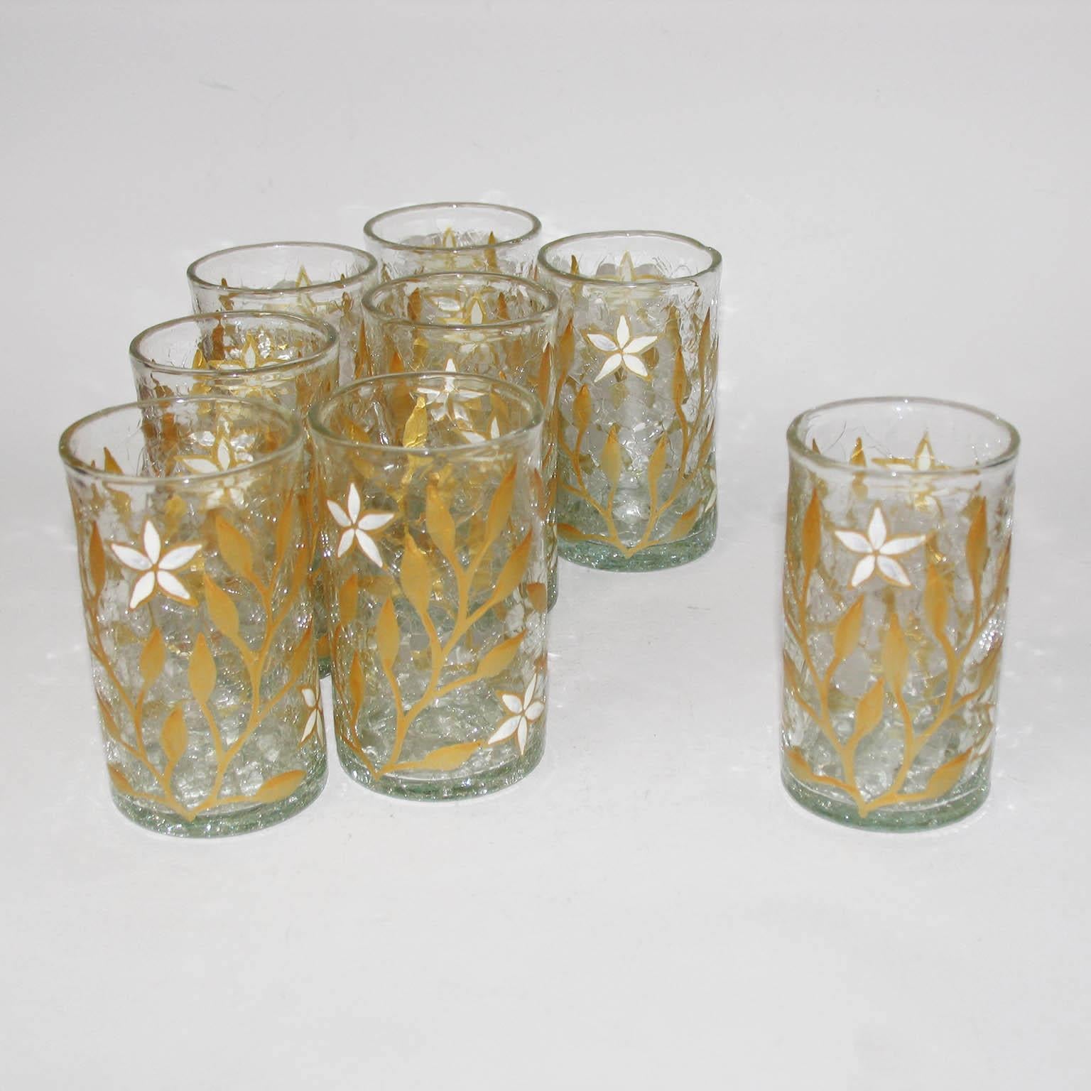 Art Nouveau French Tea Cup Set of Eight, Gold and White Enamel on Craquelé Glass For Sale 6
