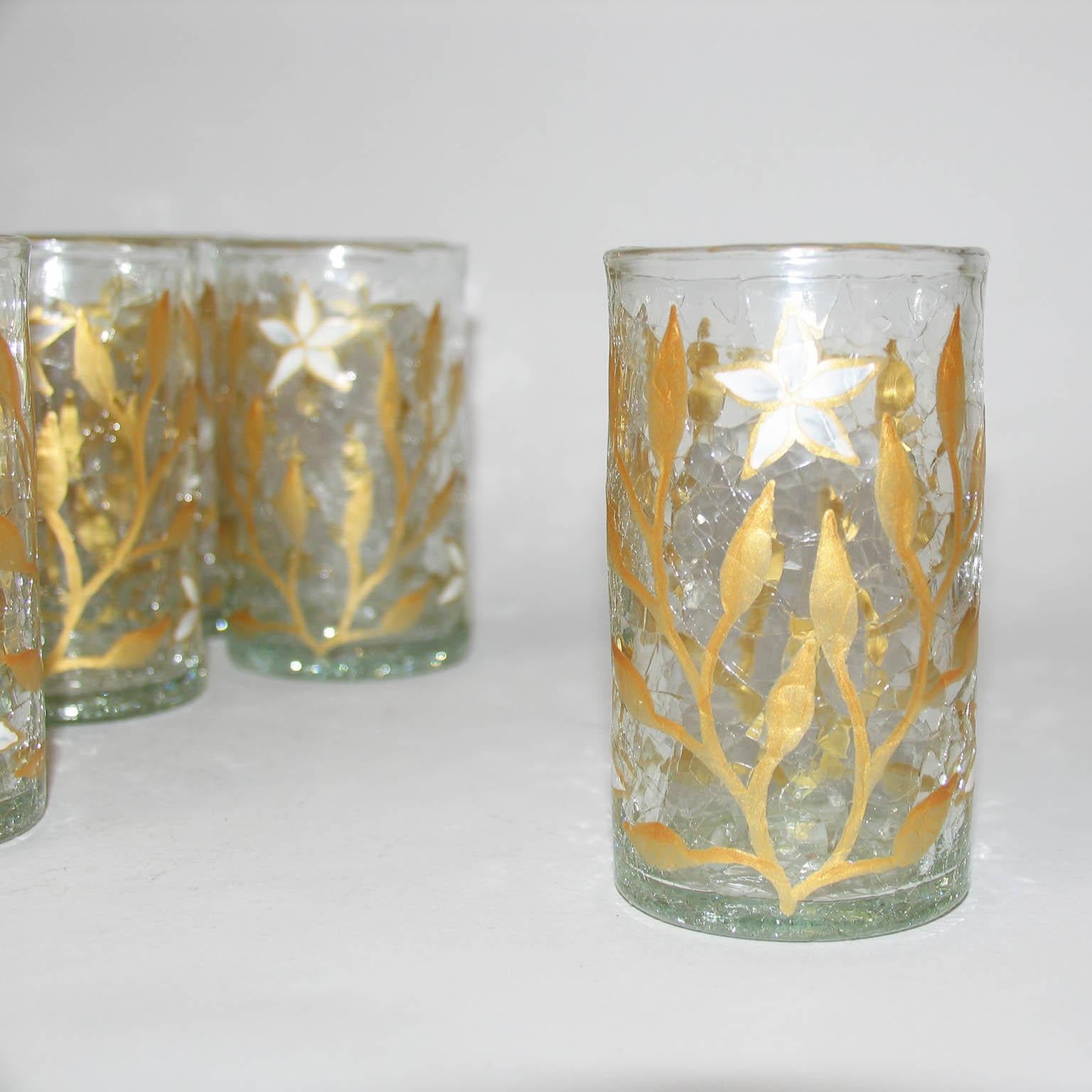 Art Nouveau French Tea Cup Set of Eight, Gold and White Enamel on Craquelé Glass For Sale 7