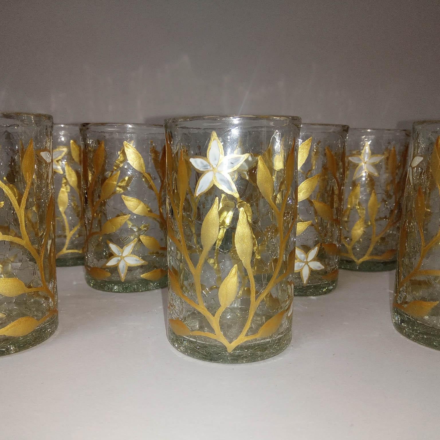 Art Nouveau French Tea Cup Set of Eight, Gold and White Enamel on Craquelé Glass For Sale 8