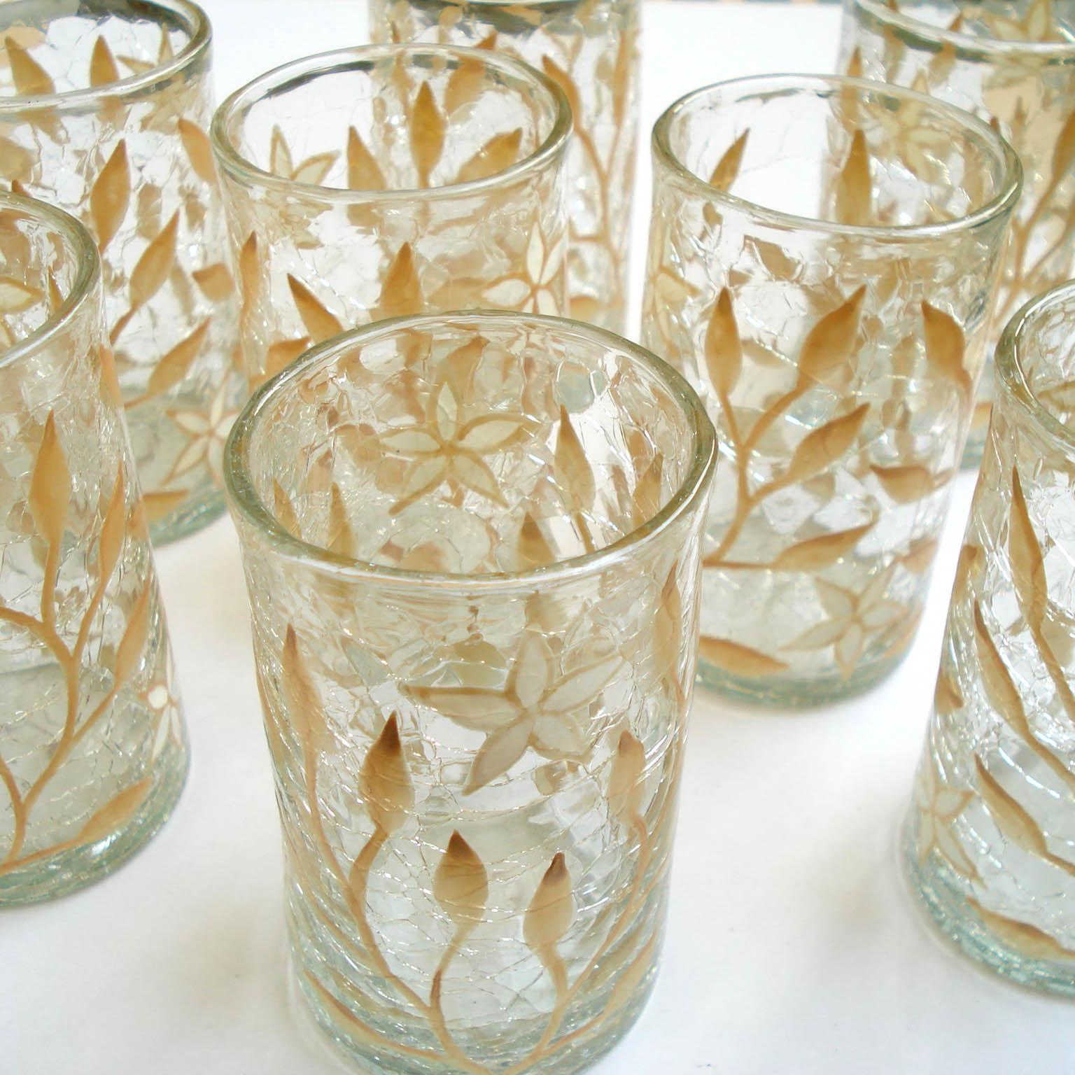 Art Nouveau French Tea Cup Set of Eight, Gold and White Enamel on Craquelé Glass 9