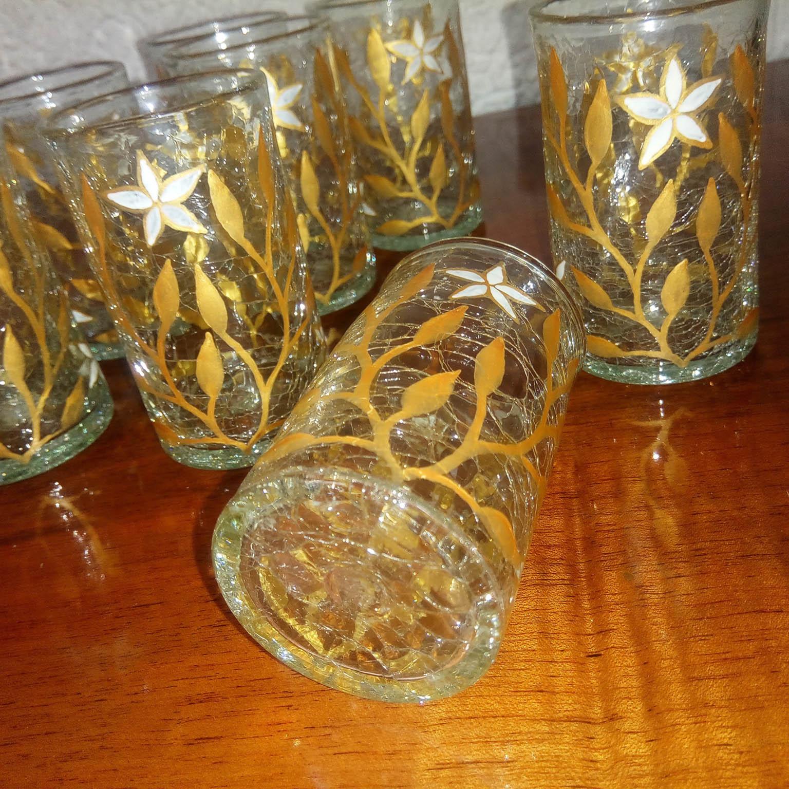 Art Nouveau French Tea Cup Set of Eight, Gold and White Enamel on Craquelé Glass 1