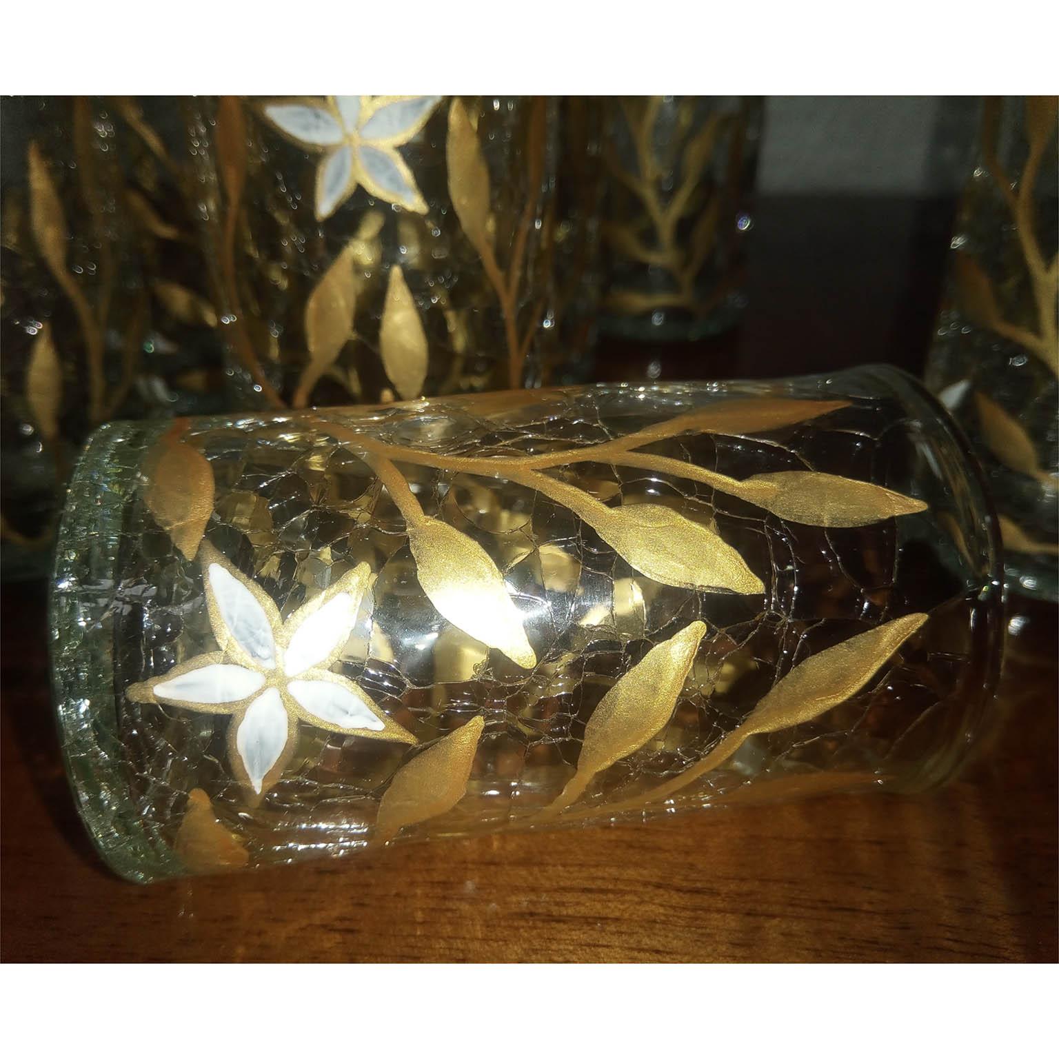 Art Nouveau French Tea Cup Set of Eight, Gold and White Enamel on Craquelé Glass 3