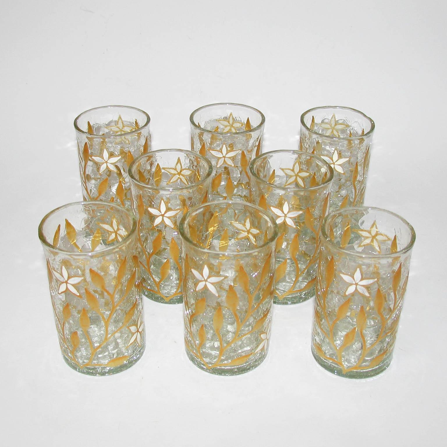 Art Nouveau French Tea Cup Set of Eight, Gold and White Enamel on Craquelé Glass For Sale 4