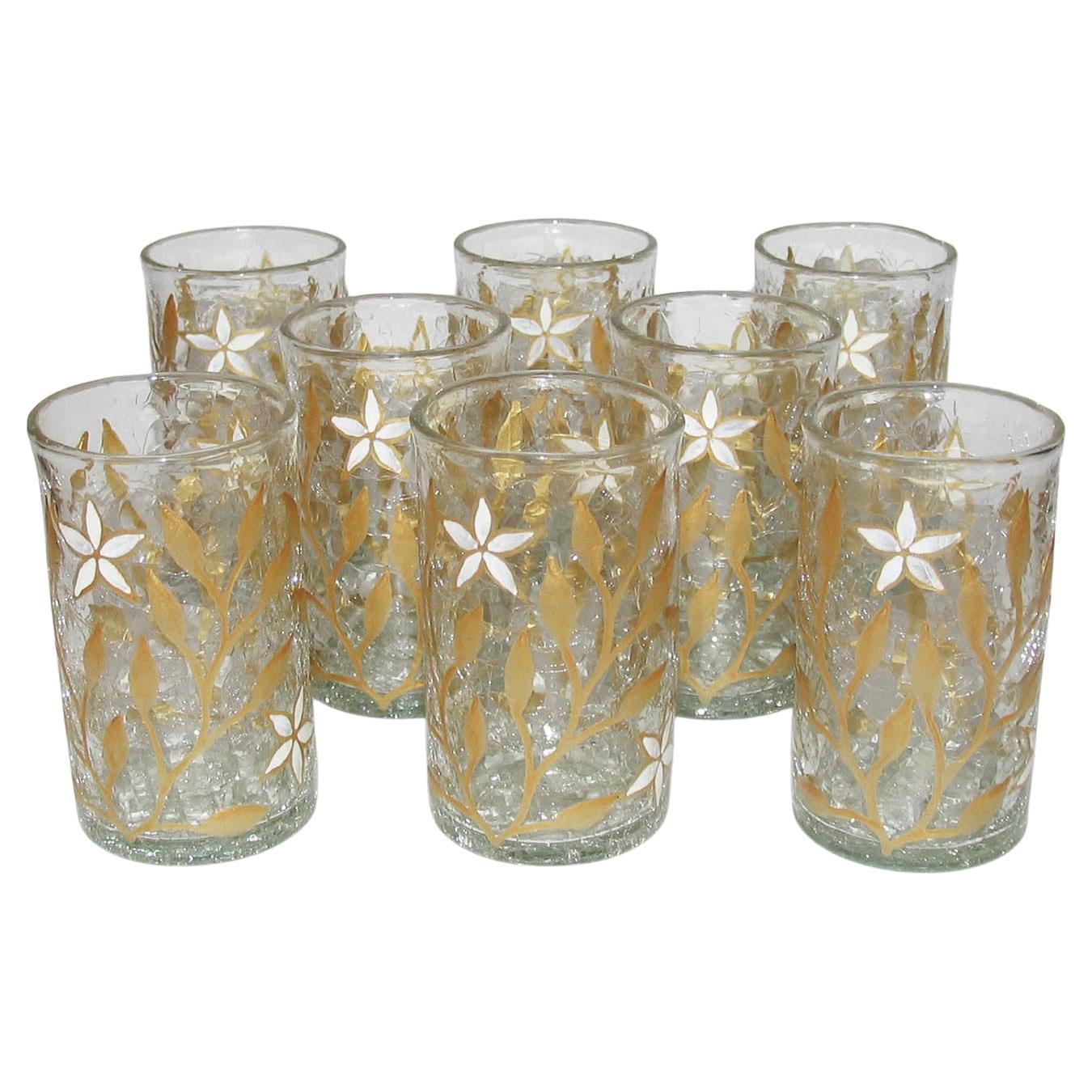 Art Nouveau French Tea Cup Set of Eight, Gold and White Enamel on Craquelé Glass