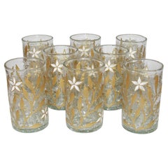 Used Art Nouveau French Tea Cup Set of Eight, Gold and White Enamel on Craquelé Glass