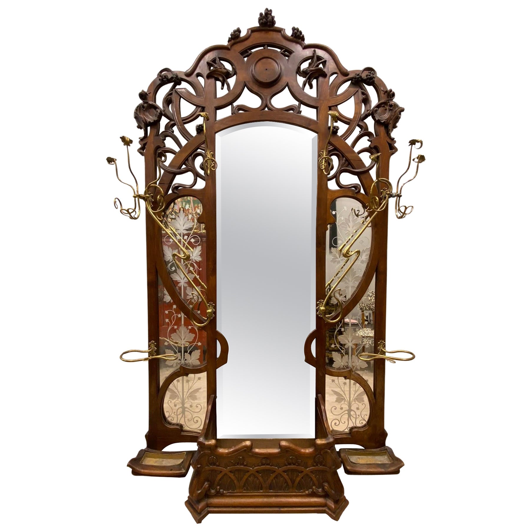Art Nouveau French Walnut, Bronze, Crystal, Silver Hatrack & Umbrella Stand