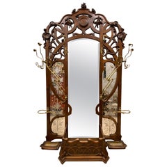 Antique Art Nouveau French Walnut, Bronze, Crystal, Silver Hatrack & Umbrella Stand