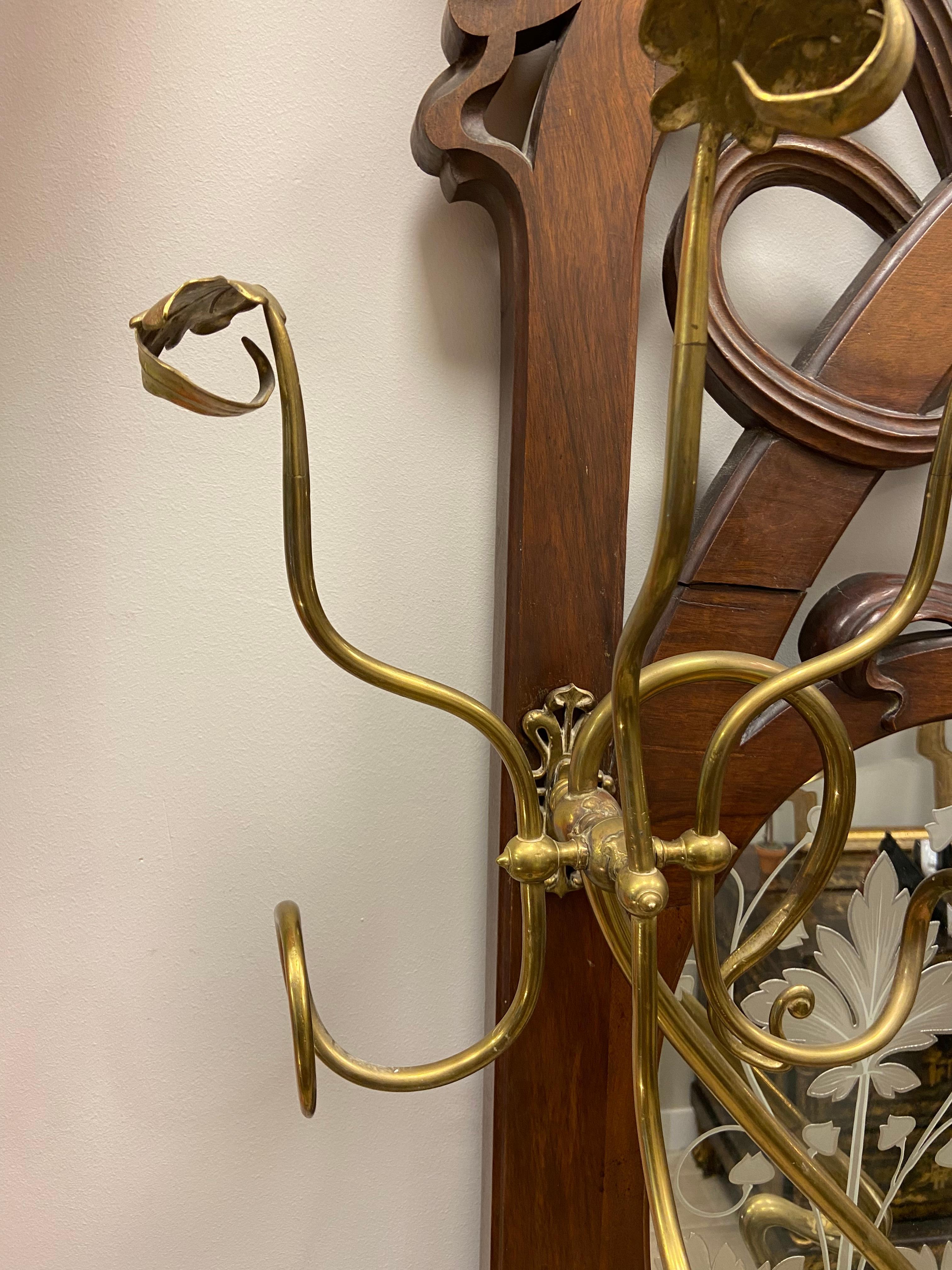 Art Nouveau French Walnut, Bronze, Crystal, Silver Hatrack & Umbrella Stand In Good Condition In Valladolid, ES