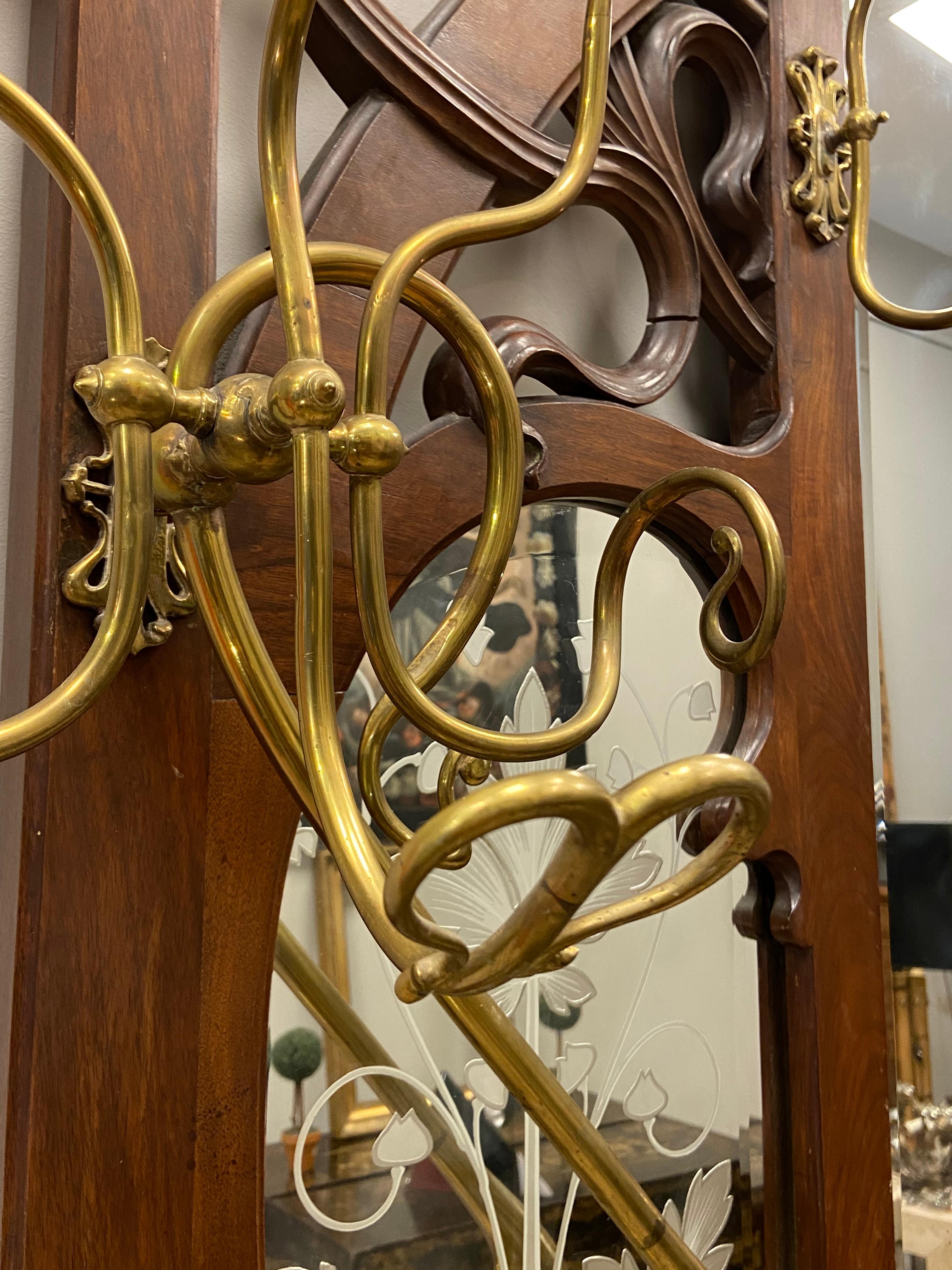 Art Nouveau French Walnut, Bronze, Crystal, Silver Hatrack & Umbrella Stand 2