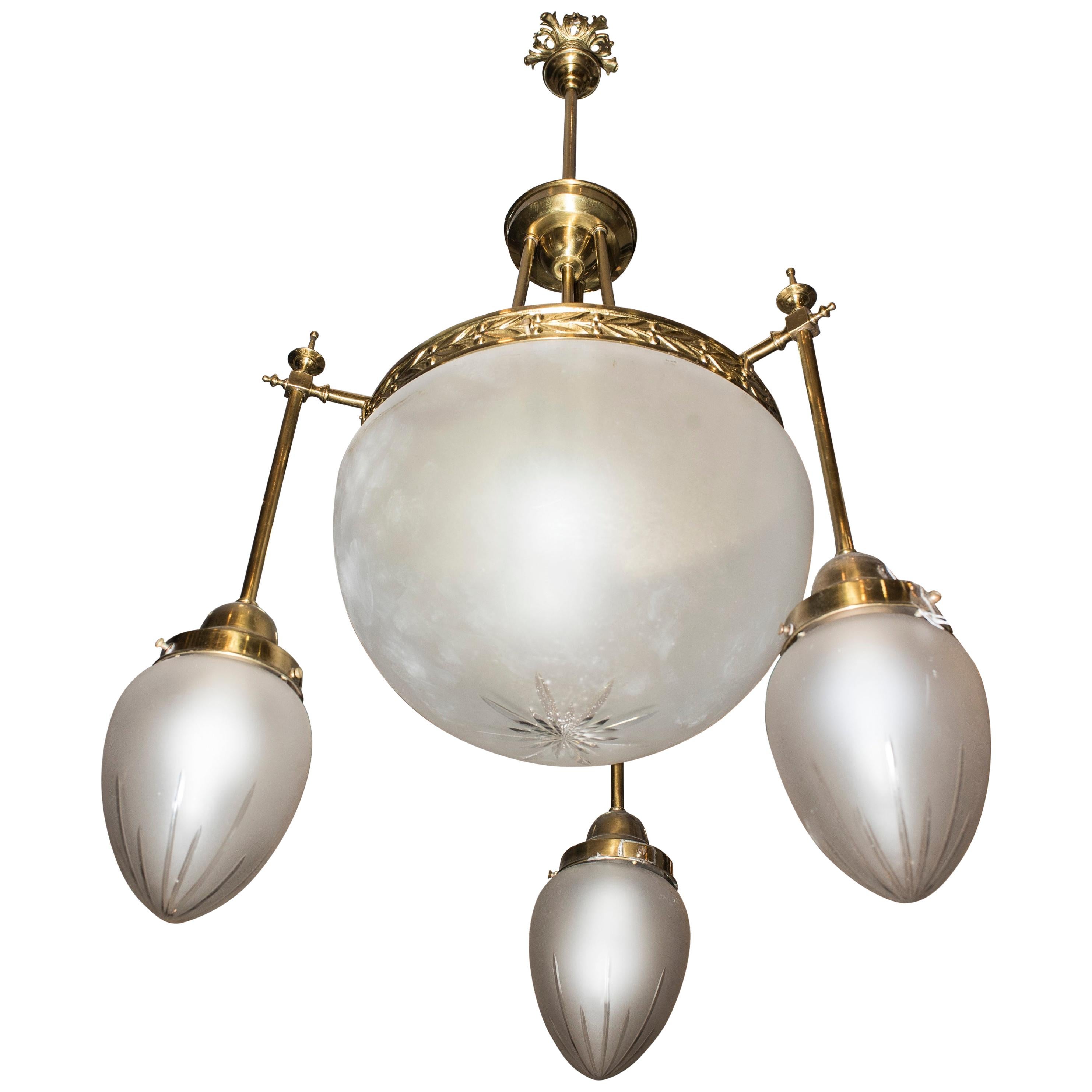 Art Nouveau French White Cut Crystal and Golden Bronze Chandelier, 1900