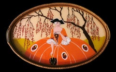 Art Nouveau French Wood And Wicker Tray Painted Underglaze  Dedication On Back