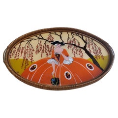 Art Nouveau French Wood And Wicker Tray Painted Underglaze  Dedication On Back