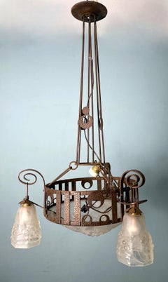 Art Nouveau French Wrought Iron and Opaline Glass Chandelier