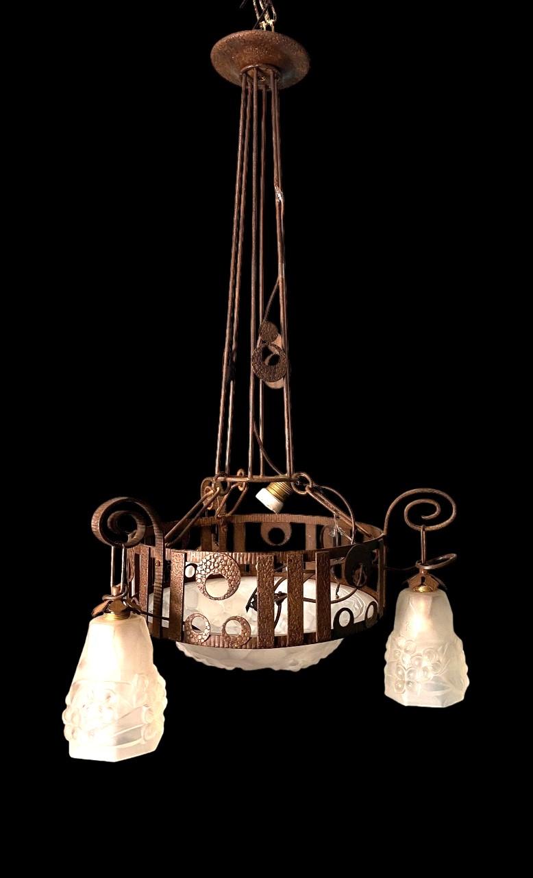 Hand-Crafted Art Nouveau French Wrought Iron and Opaline Glass Chandelier For Sale