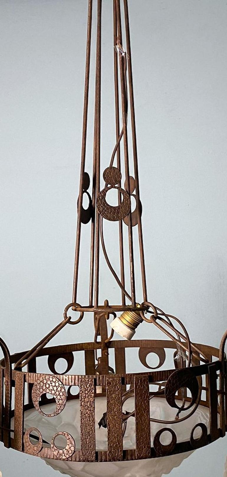 Art Glass Art Nouveau French Wrought Iron and Opaline Glass Chandelier For Sale