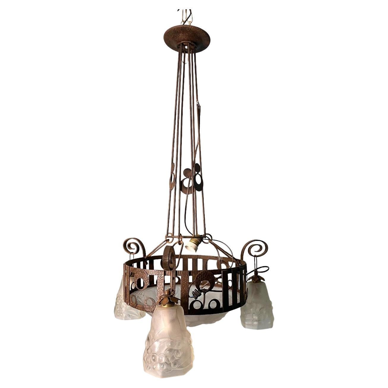 Art Nouveau French Wrought Iron and Opaline Glass Chandelier