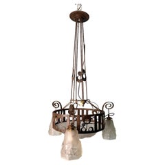 Art Nouveau French Wrought Iron and Opaline Glass Chandelier