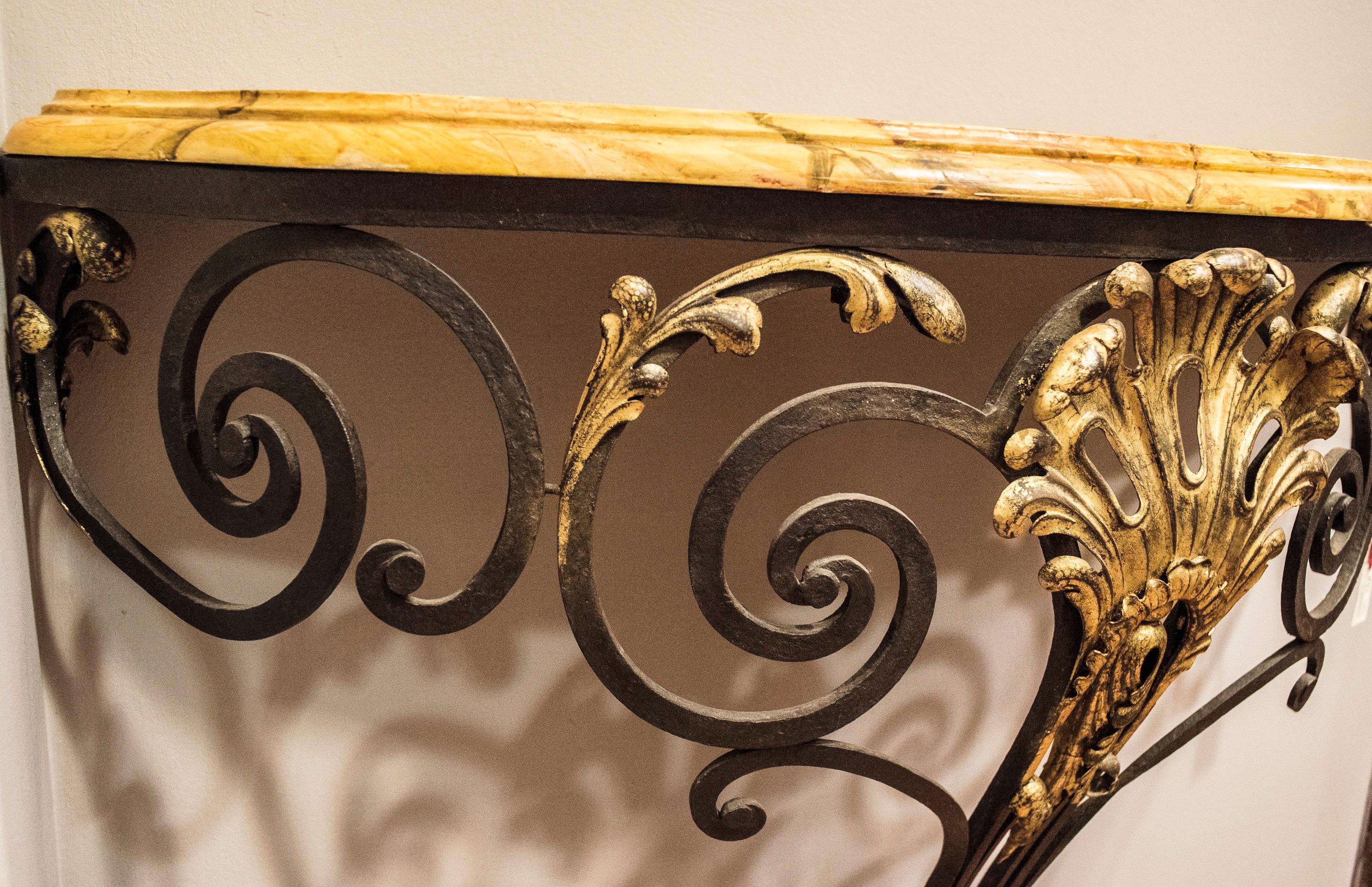 Art Nouveau French Wrought Iron Wall Console with Marbled Wood Top In Excellent Condition In Valladolid, ES
