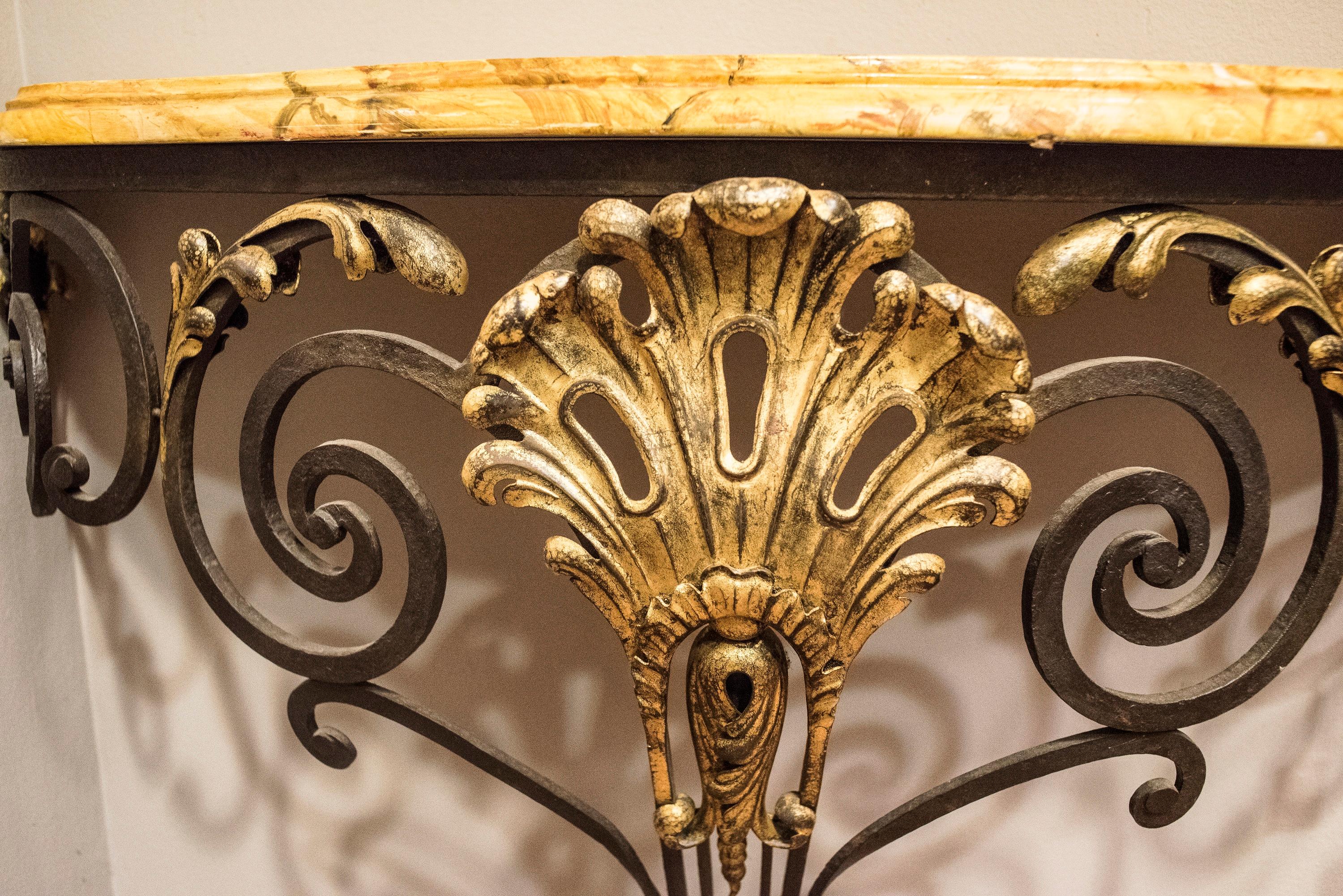 Mid-20th Century Art Nouveau French Wrought Iron Wall Console with Marbled Wood Top