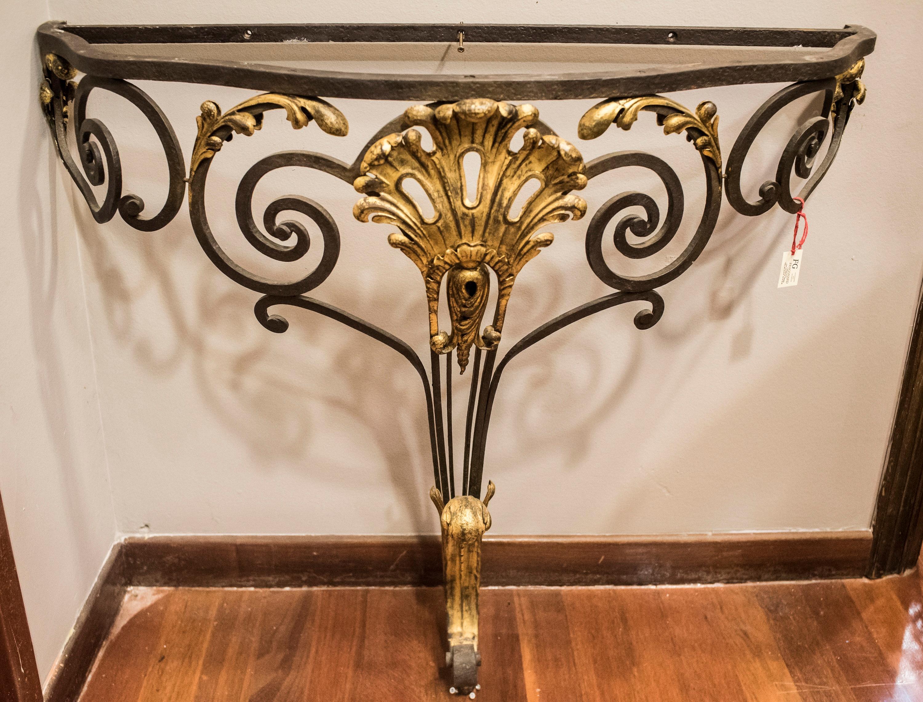 Art Nouveau French Wrought Iron Wall Console with Marbled Wood Top 3