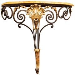 Art Nouveau French Wrought Iron Wall Console with Marbled Wood Top