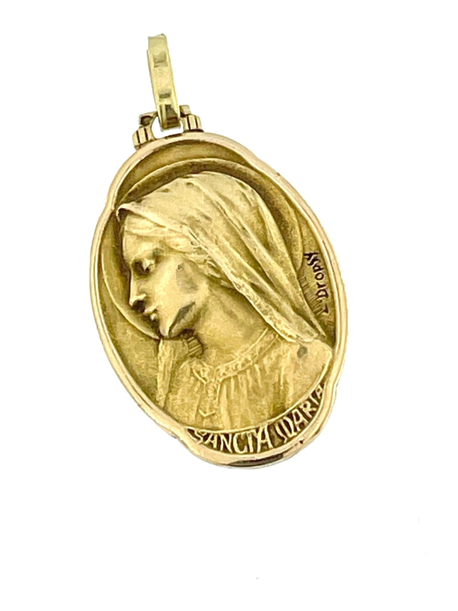 Art Nouveau French Yellow Gold Virgin Mary Pendant signed by Emile Dropsy For Sale 1
