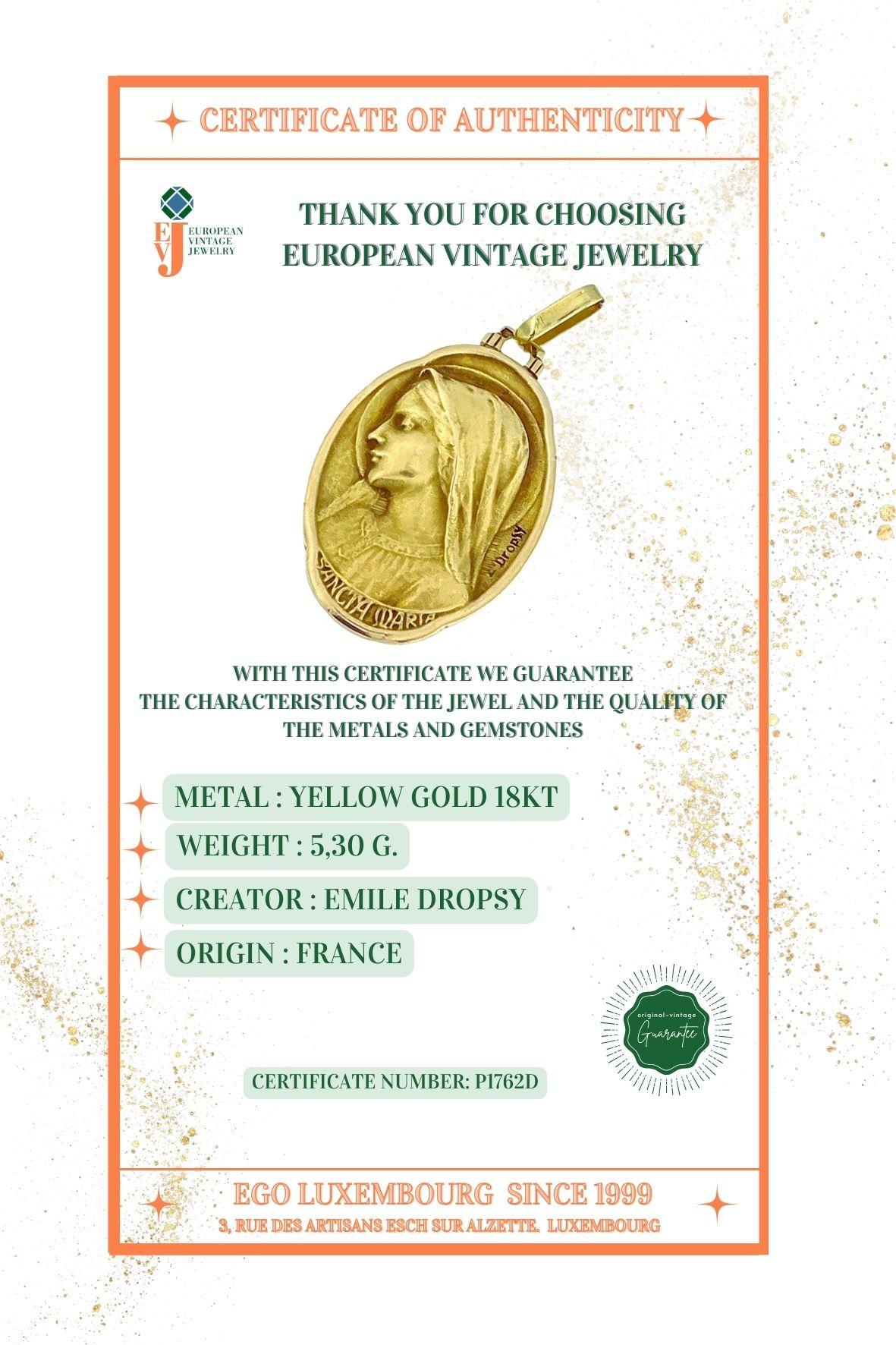 Art Nouveau French Yellow Gold Virgin Mary Pendant signed by Emile Dropsy For Sale 5