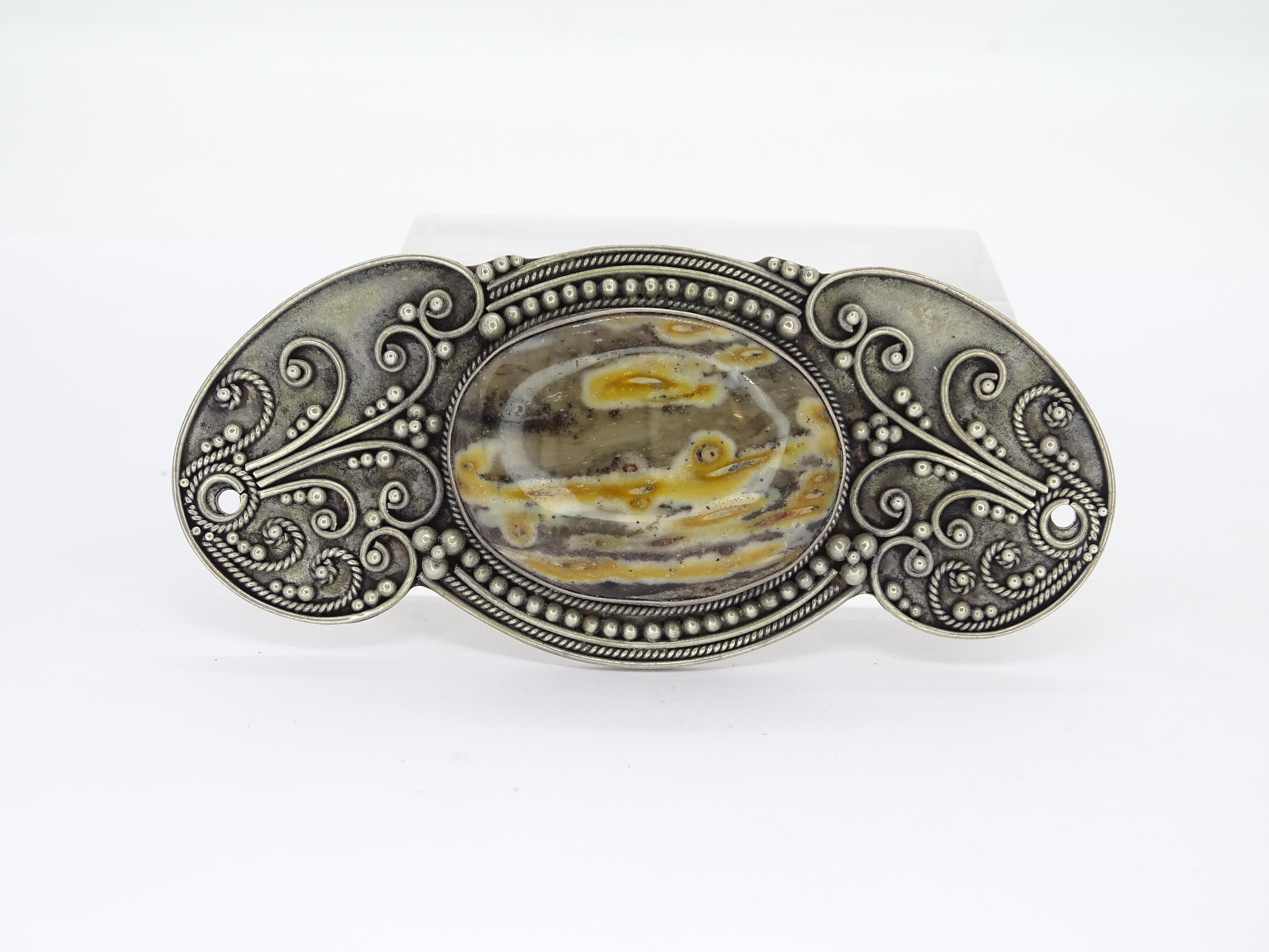 Art Nouveau French yellow grey agate cabochon  Silver Brooch Pendentif For Sale 10