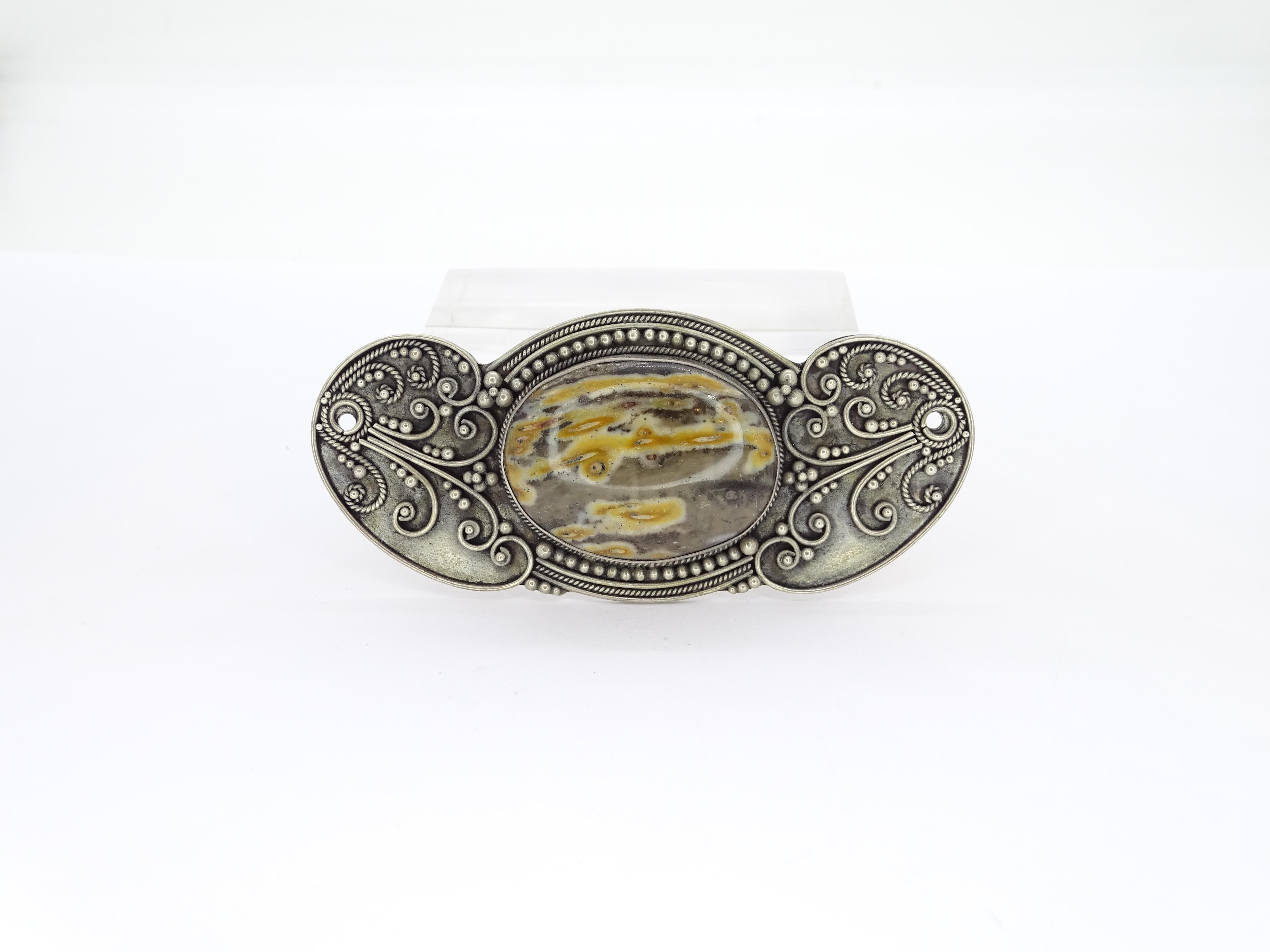 Art Nouveau French yellow grey agate cabochon  Silver Brooch Pendentif For Sale 2