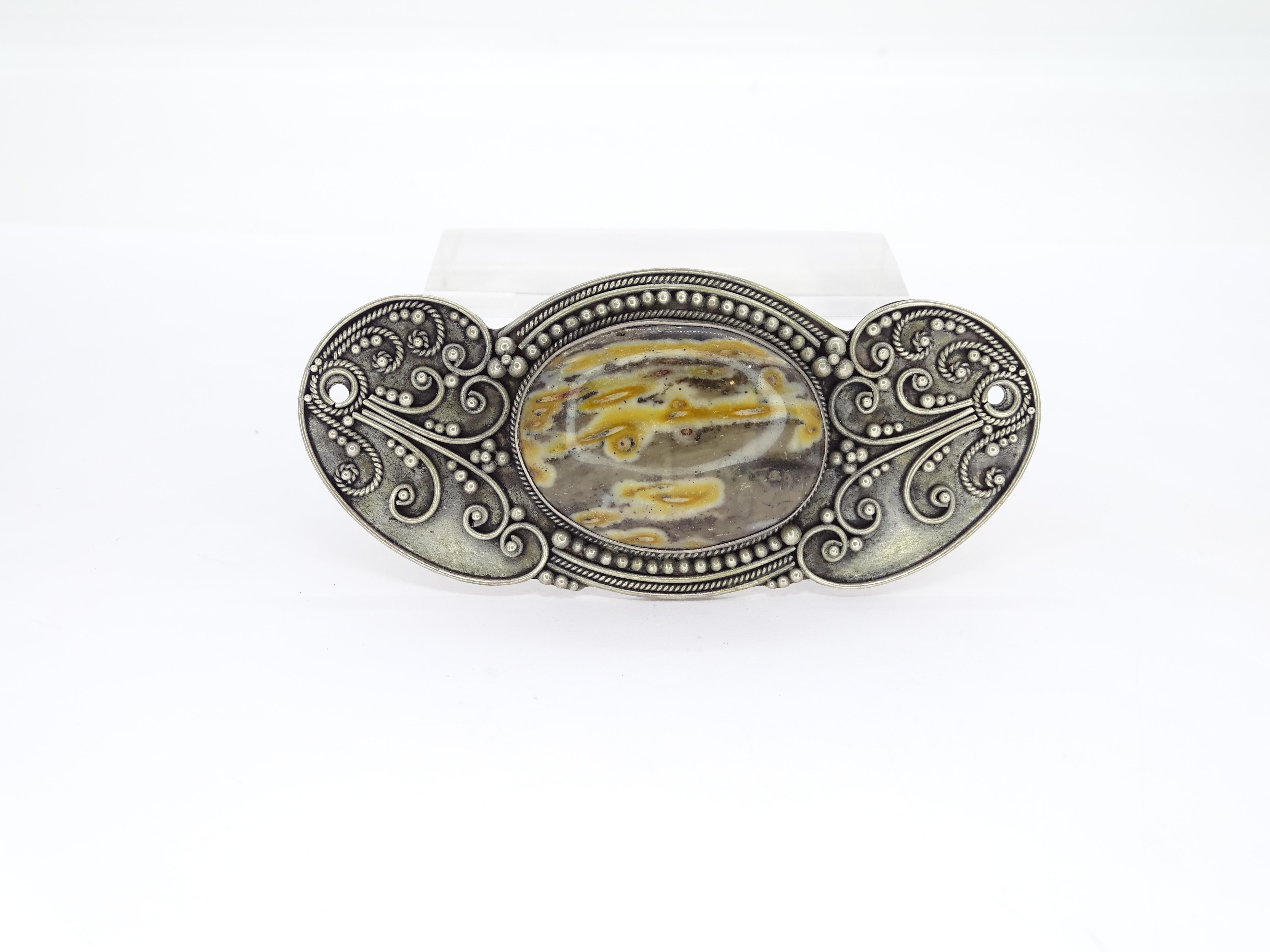 Art Nouveau French yellow grey agate cabochon  Silver Brooch Pendentif For Sale 3