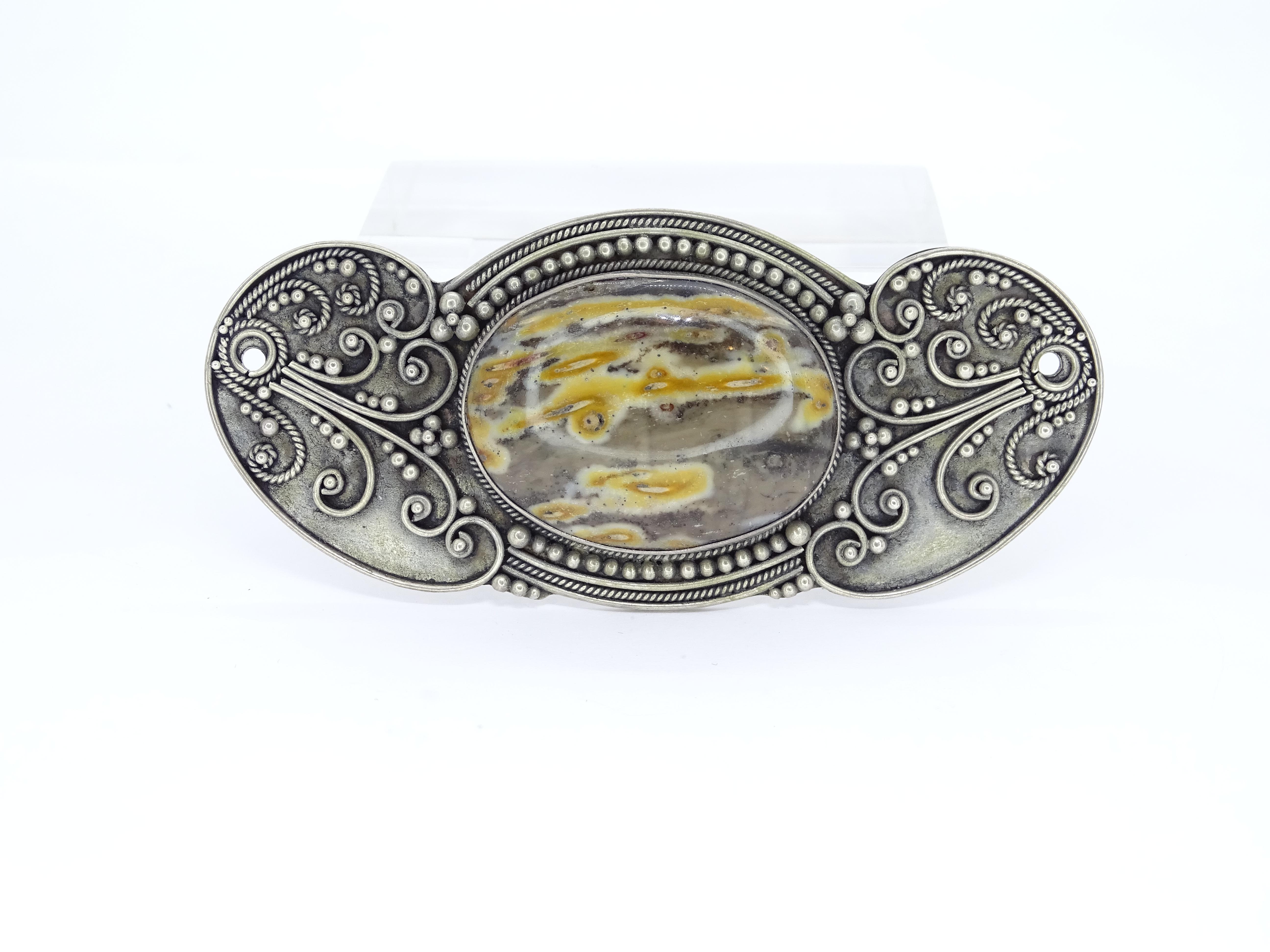 Art Nouveau French yellow grey agate cabochon  Silver Brooch Pendentif For Sale 4