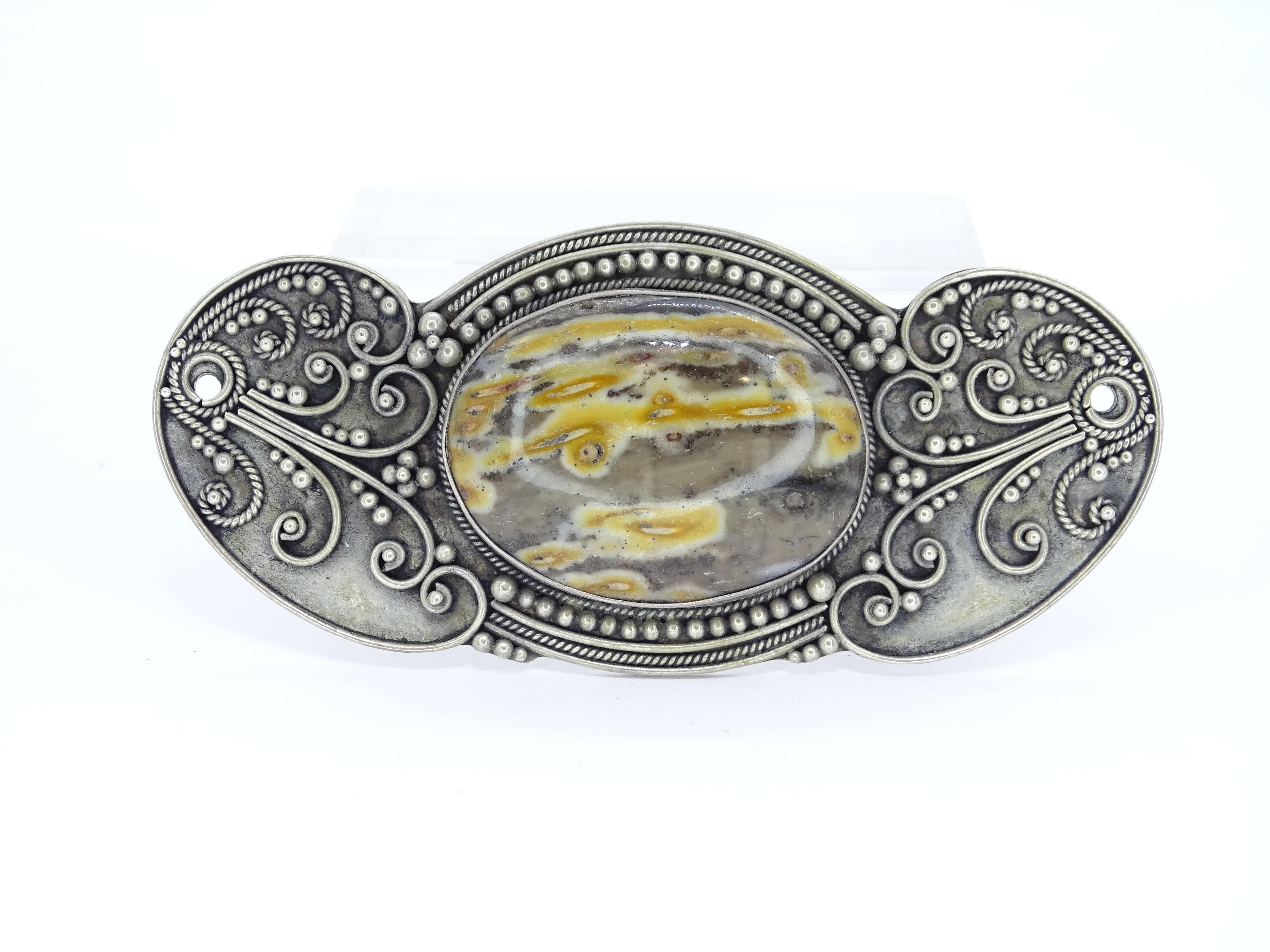 Art Nouveau French yellow grey agate cabochon  Silver Brooch Pendentif For Sale 5
