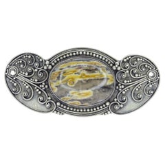 Art Nouveau French yellow grey agate cabochon  Silver Brooch Pendentif