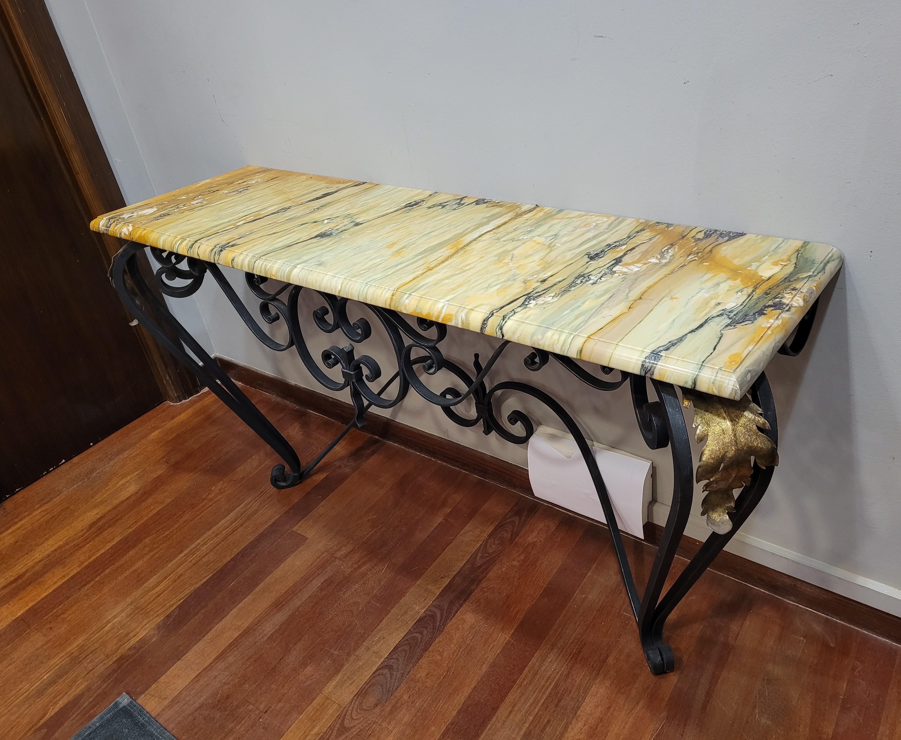 Art Nouveau French Yellow Marble wrought iron Console Table For Sale 3