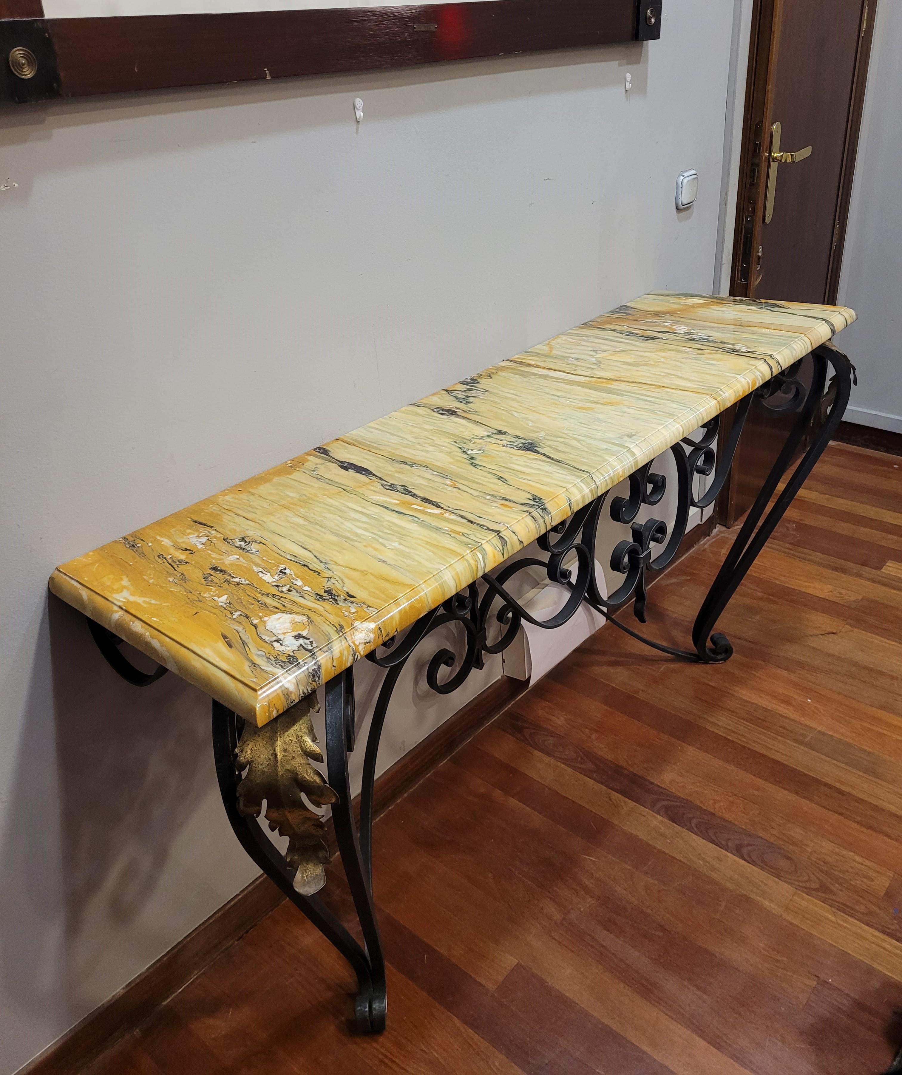 Art Nouveau French Yellow Marble wrought iron Console Table For Sale 6