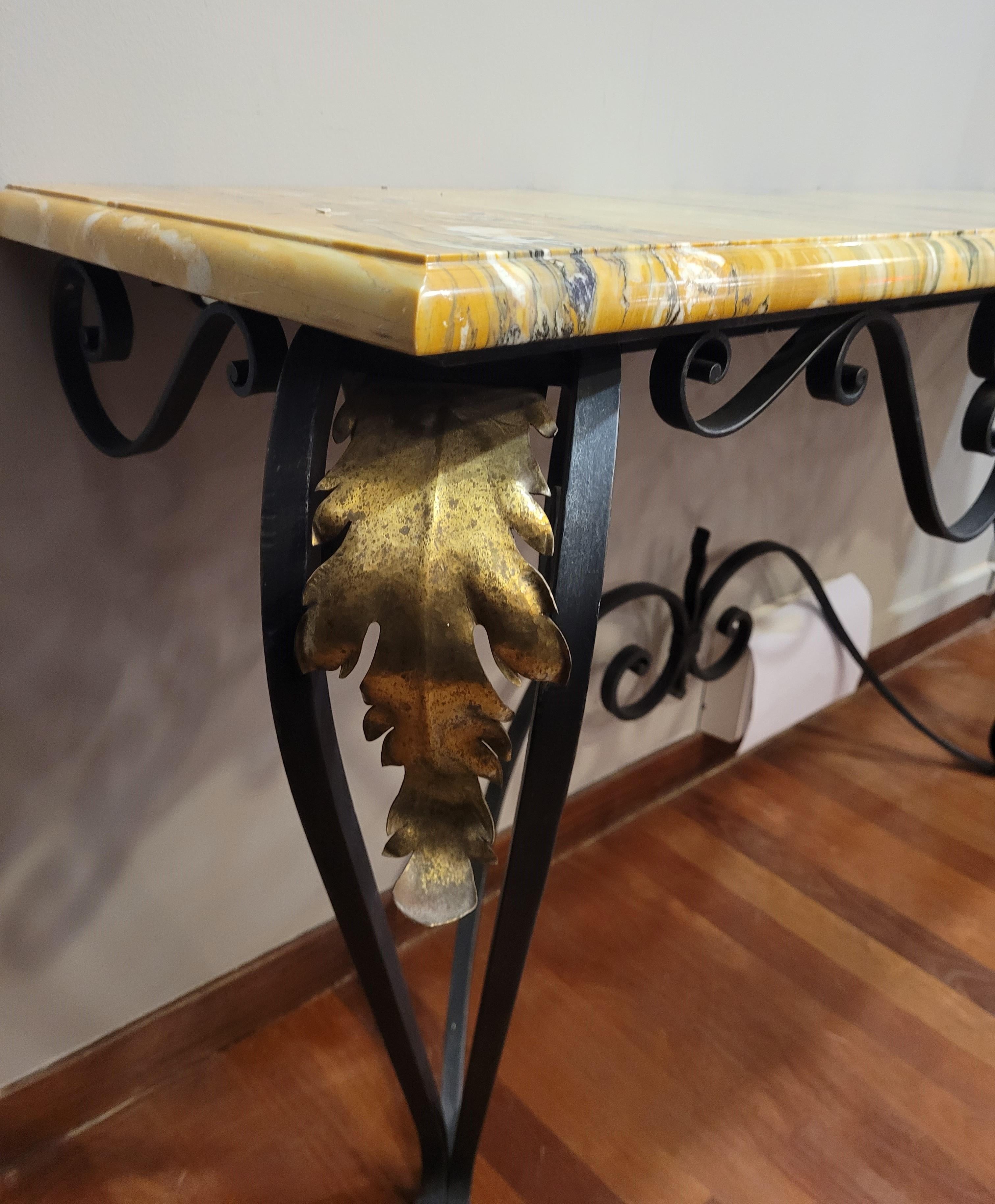 Art Nouveau French Yellow Marble wrought iron Console Table For Sale 7
