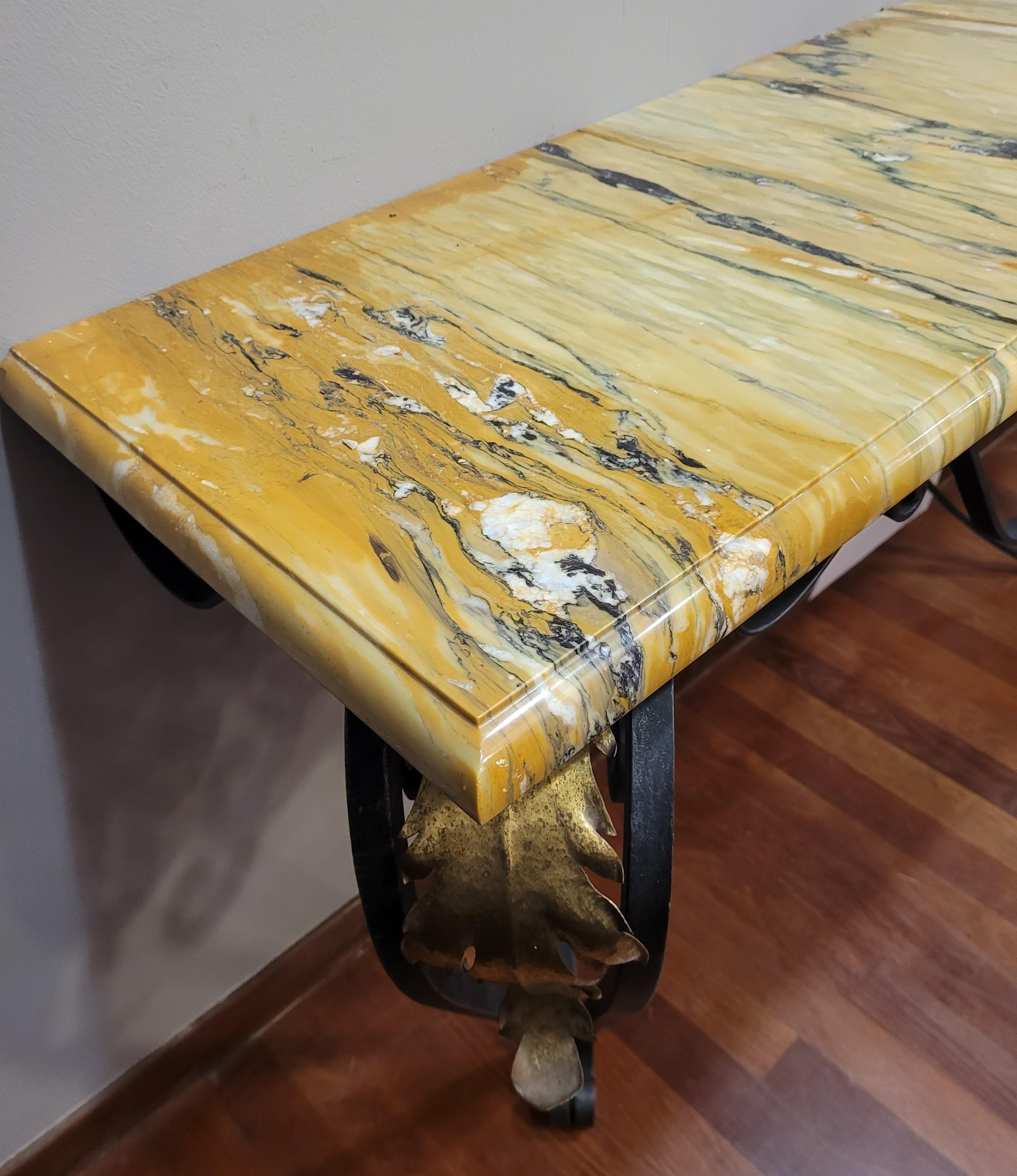 Art Nouveau French Yellow Marble wrought iron Console Table For Sale 7