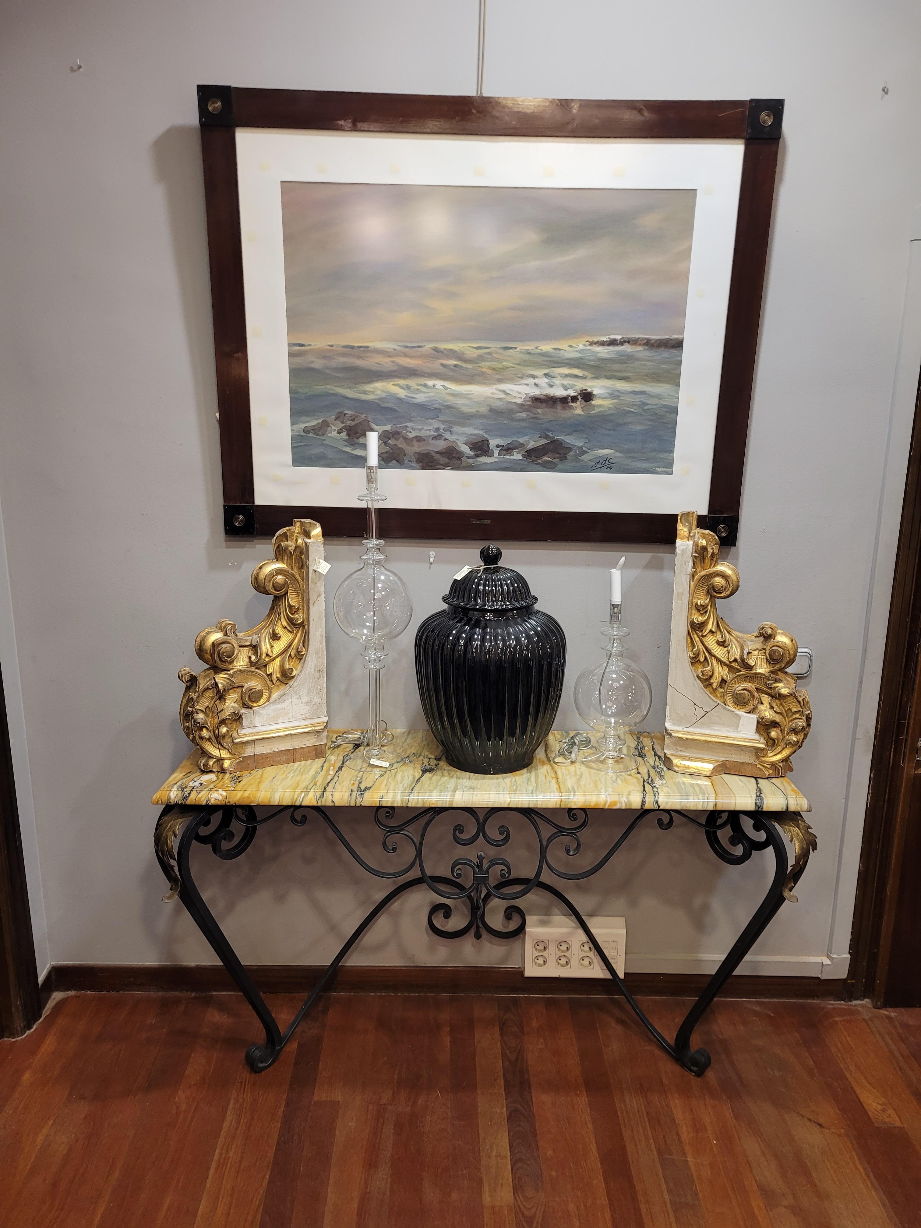 Table console française Art Nouveau en fer forgé et marbre jaune en vente 12