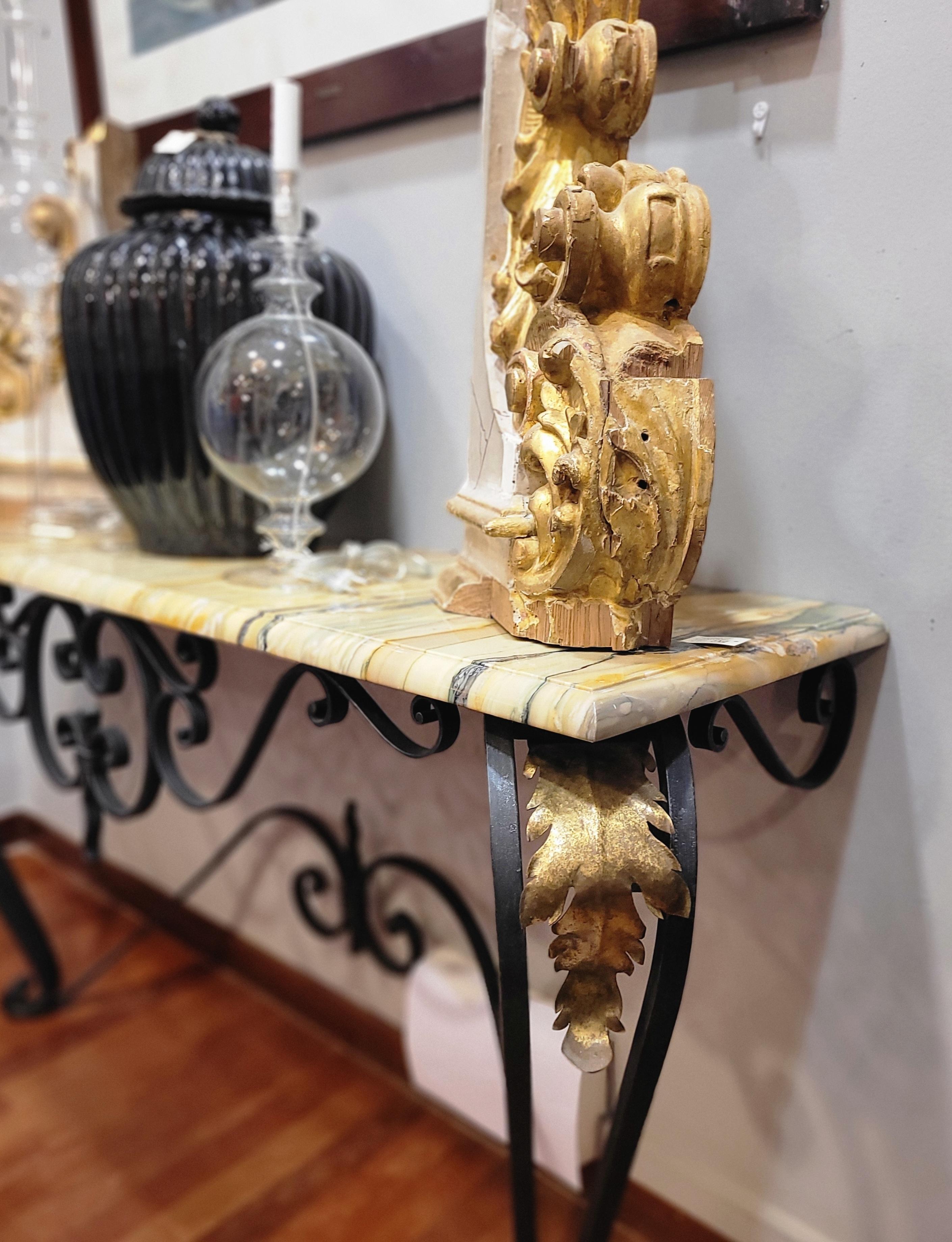 Hand-Crafted Art Nouveau French Yellow Marble wrought iron Console Table For Sale