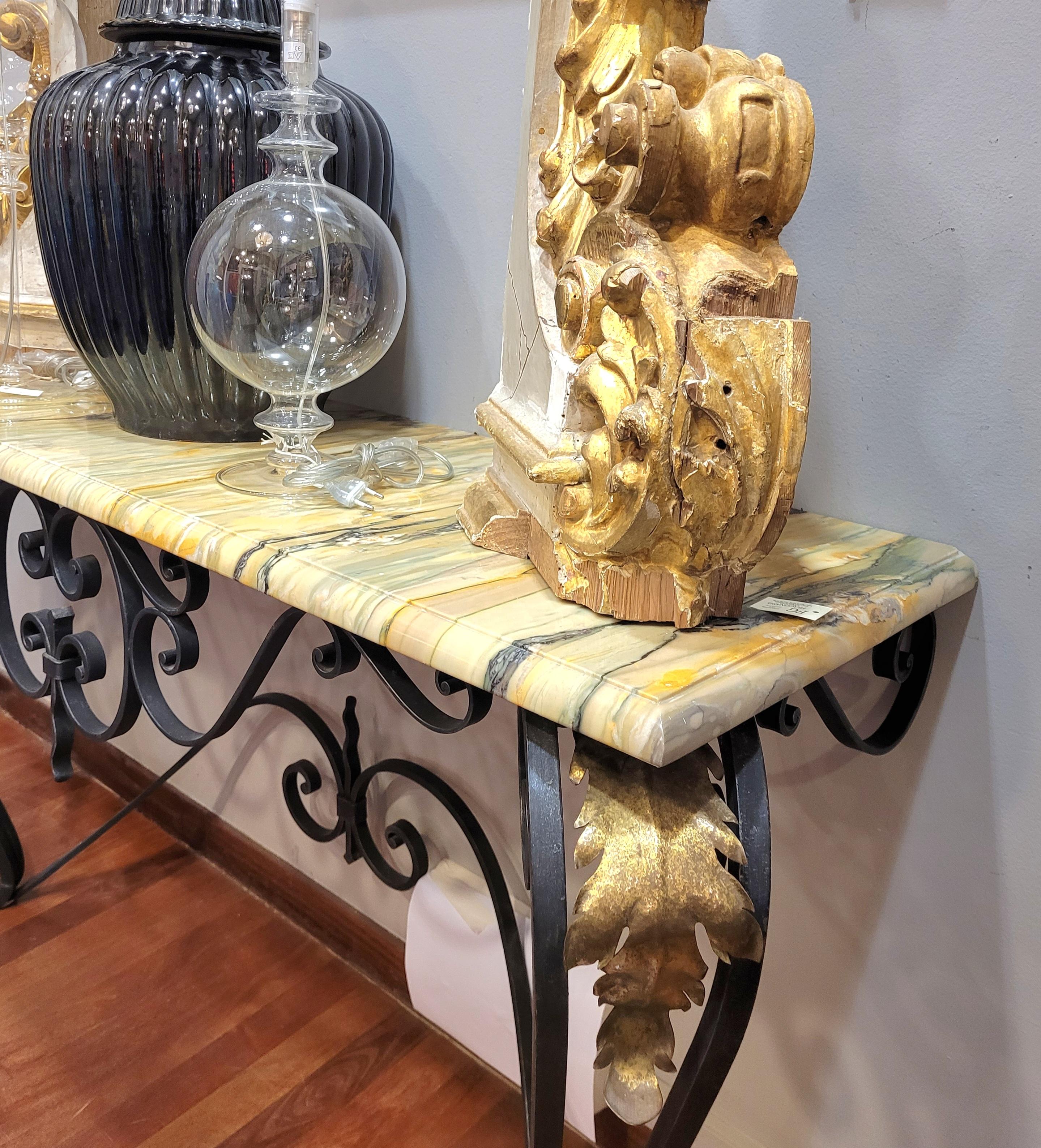 Mid-20th Century Art Nouveau French Yellow Marble wrought iron Console Table For Sale